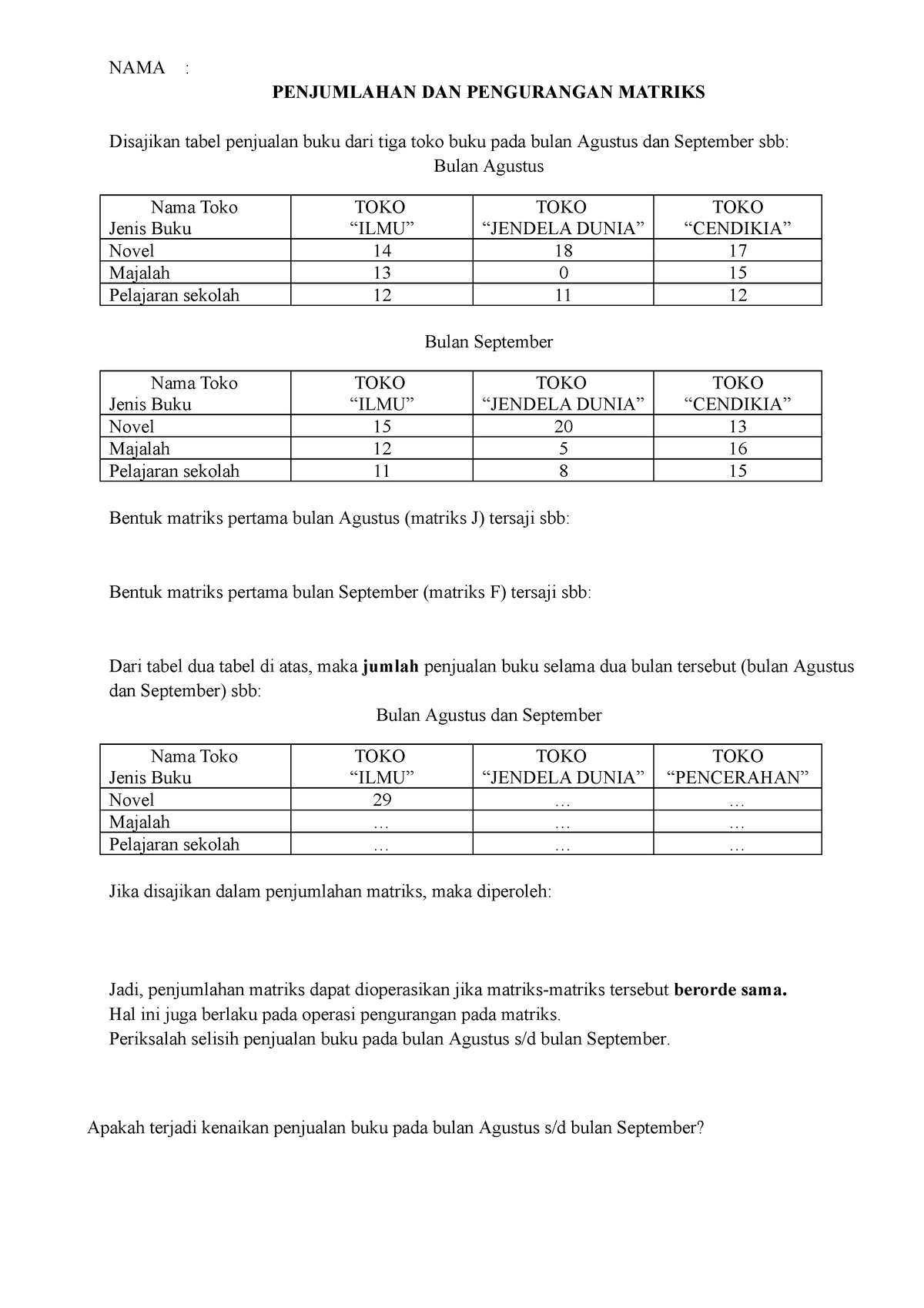 LKPD Penjumlahan DAN Pengurangan Matriks - NAMA : PENJUMLAHAN DAN ...