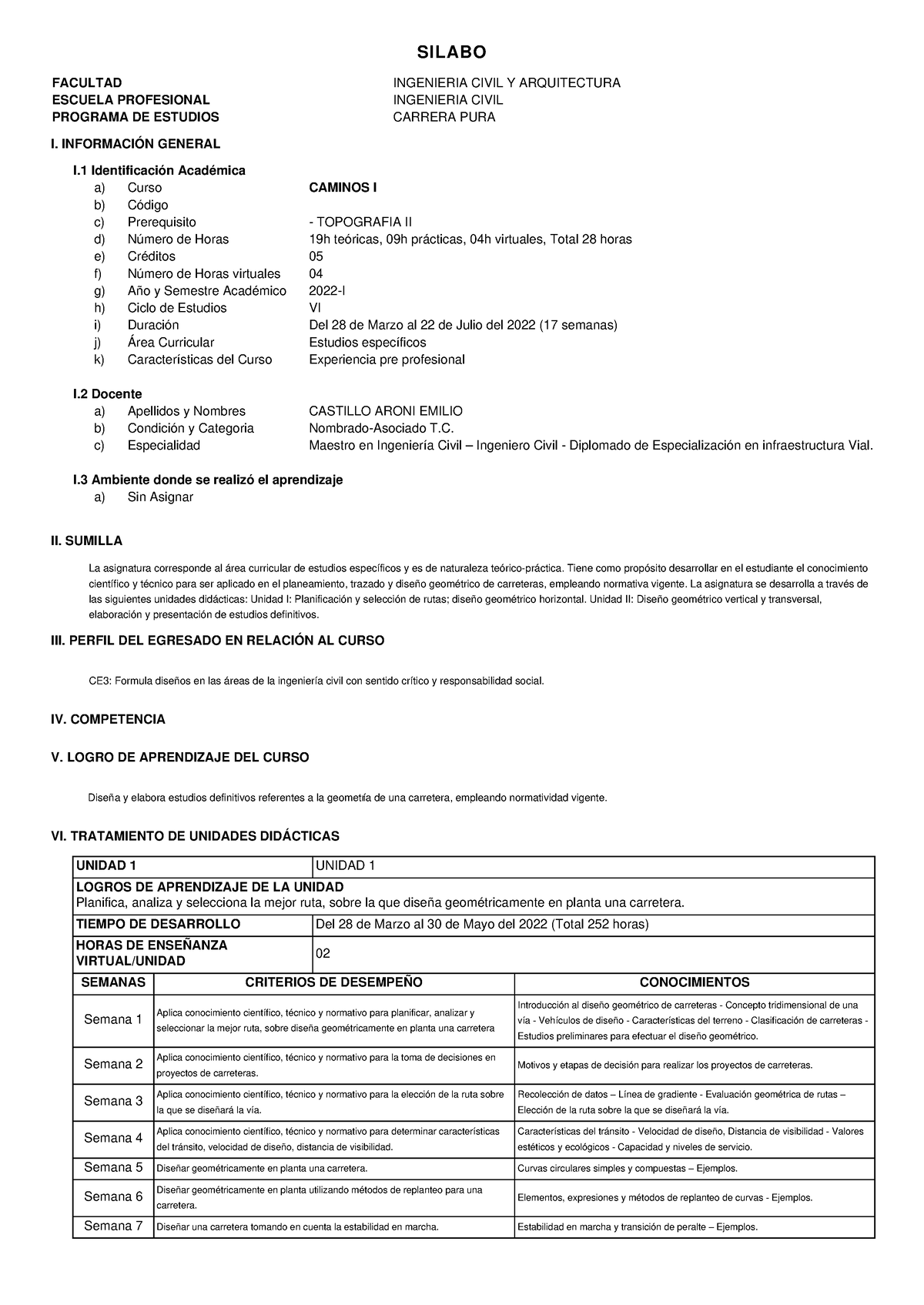 Silabo Caminos I (2022-I) - SILABO FACULTAD INGENIERIA CIVIL Y ...