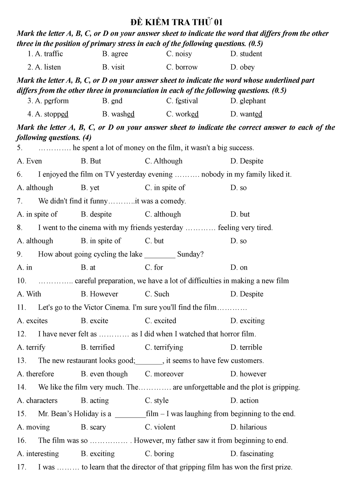 ĐỀ KIỂM TRA THỬ HKII - ĐỀ 01 - ĐỀ KIỂM TRA THỬ 01 Mark the letter A, B ...