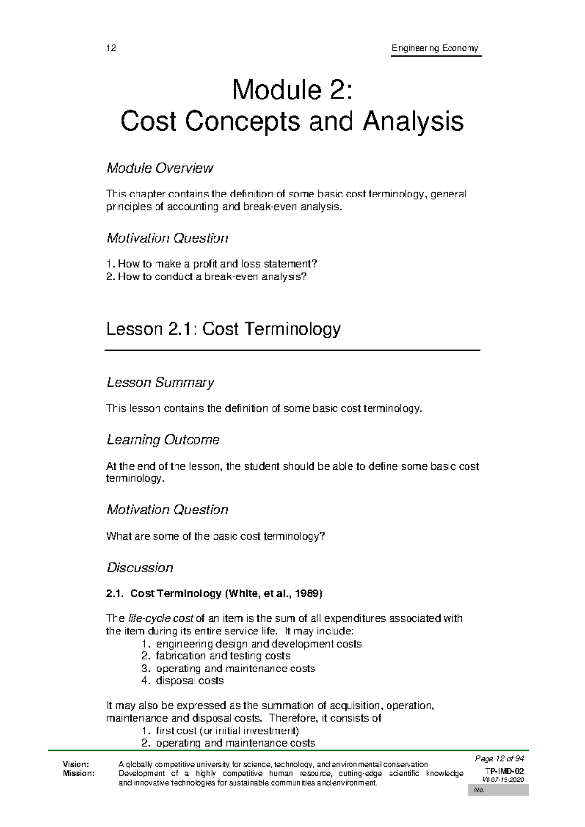 Module 2. Cost Concepts and Analysis - Engineering Economy Vision: A ...