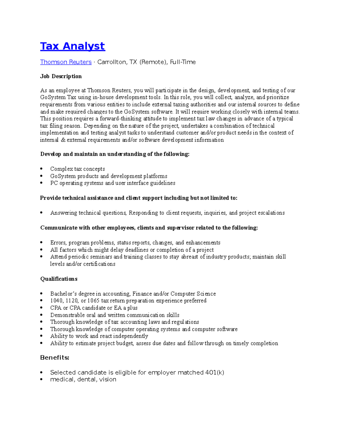 Assignment Tax Analyst Thomson Reuters · Carrollton, TX (Remote