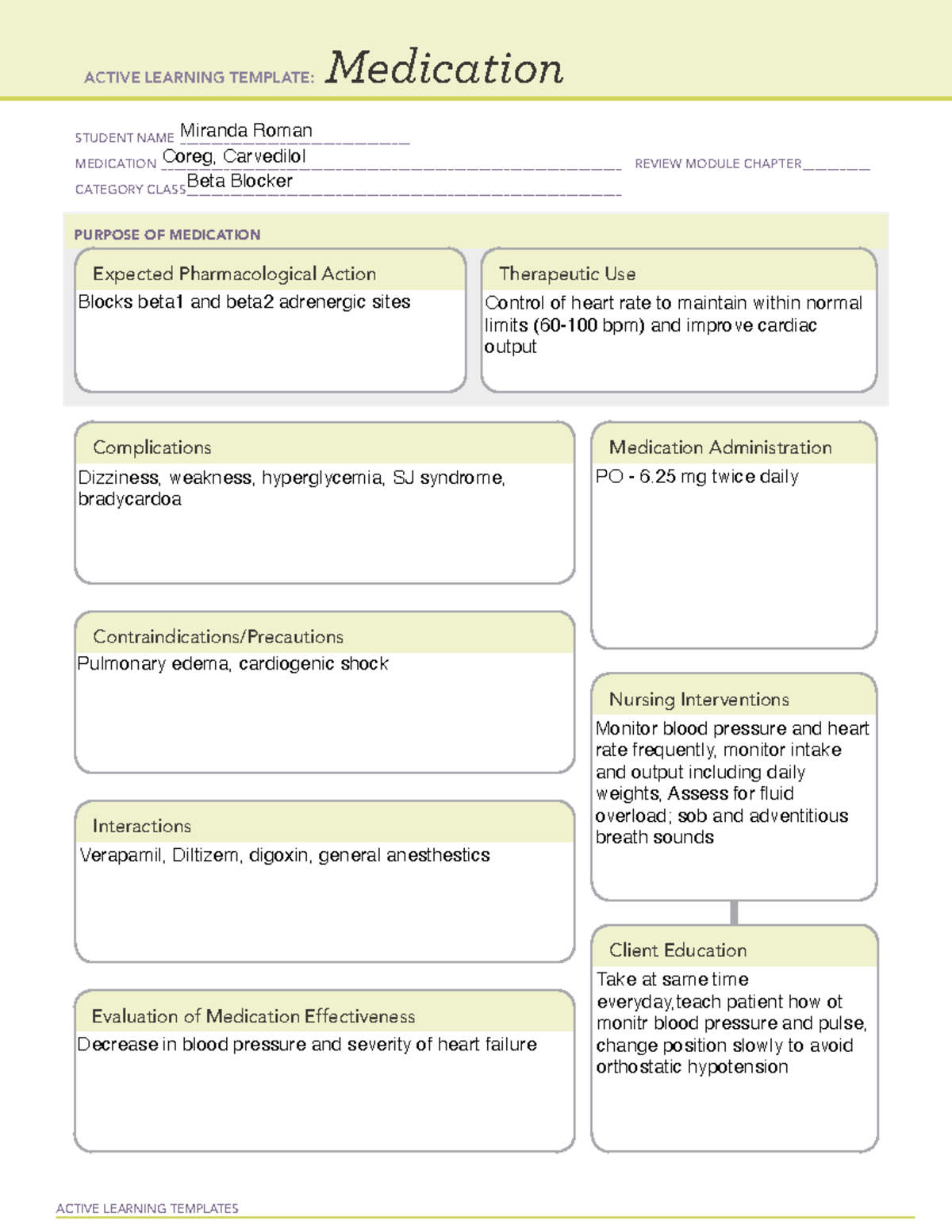 Coreg Med Template - ACTIVE LEARNING TEMPLATES Medication STUDENT NAME ...