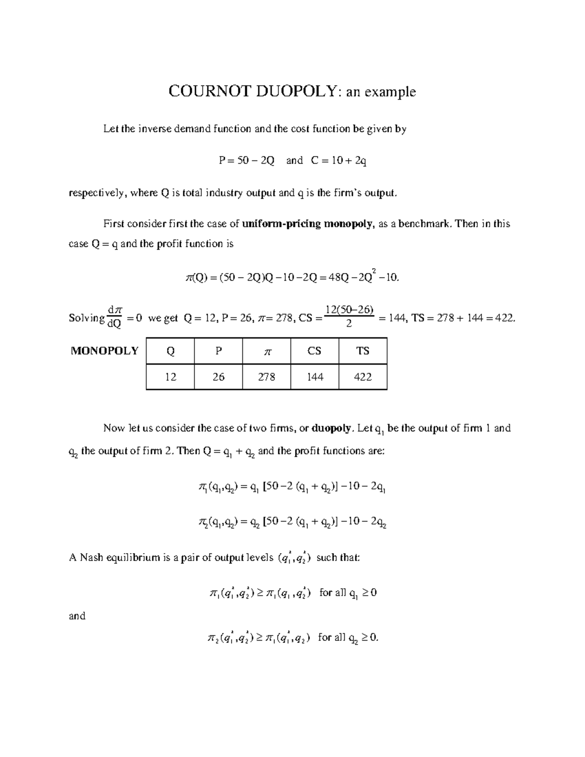 Cournot - COURNOT DUOPOLY: An Example Let The Inverse Demand Function ...