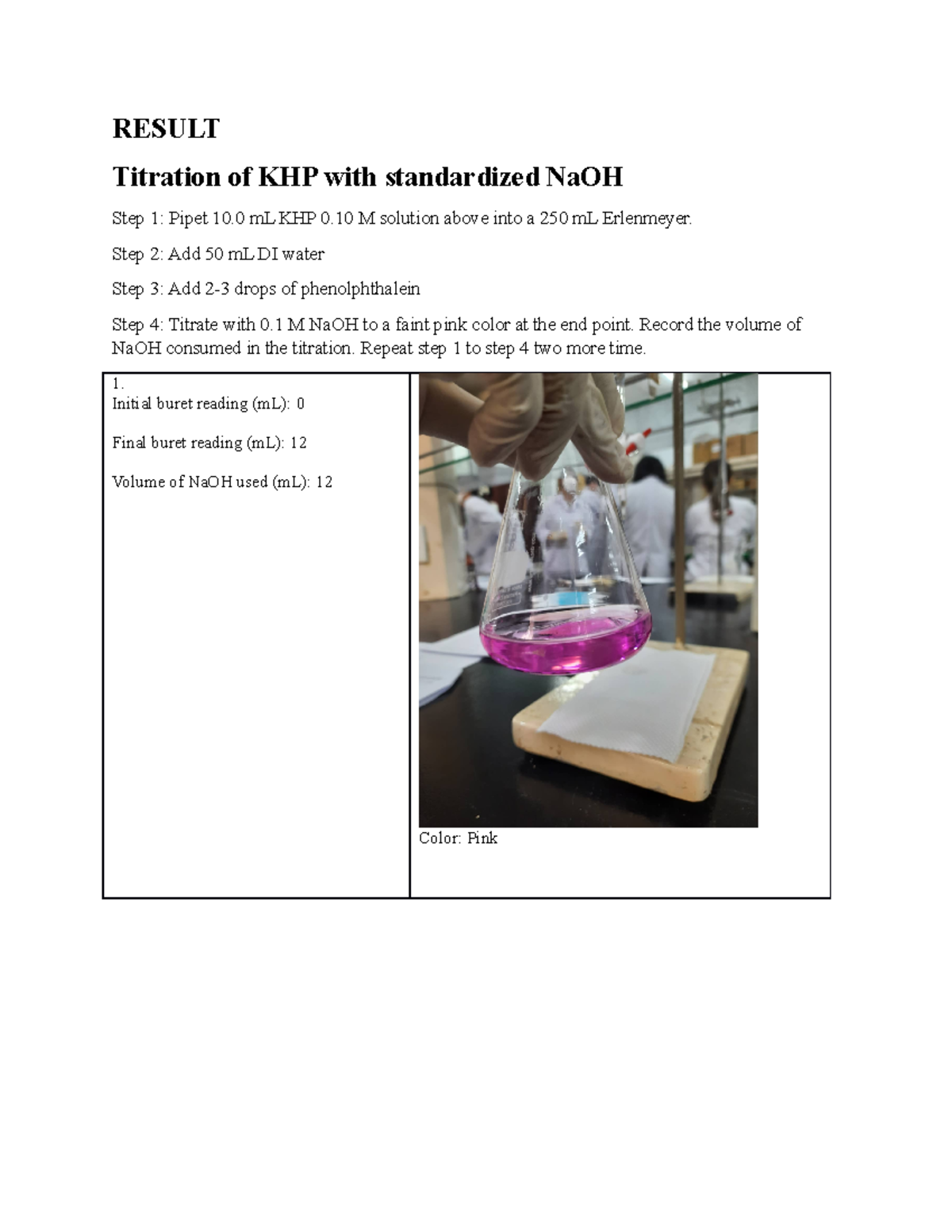 Result lab RESULT Titration of KHP with standardized NaOH Step 1