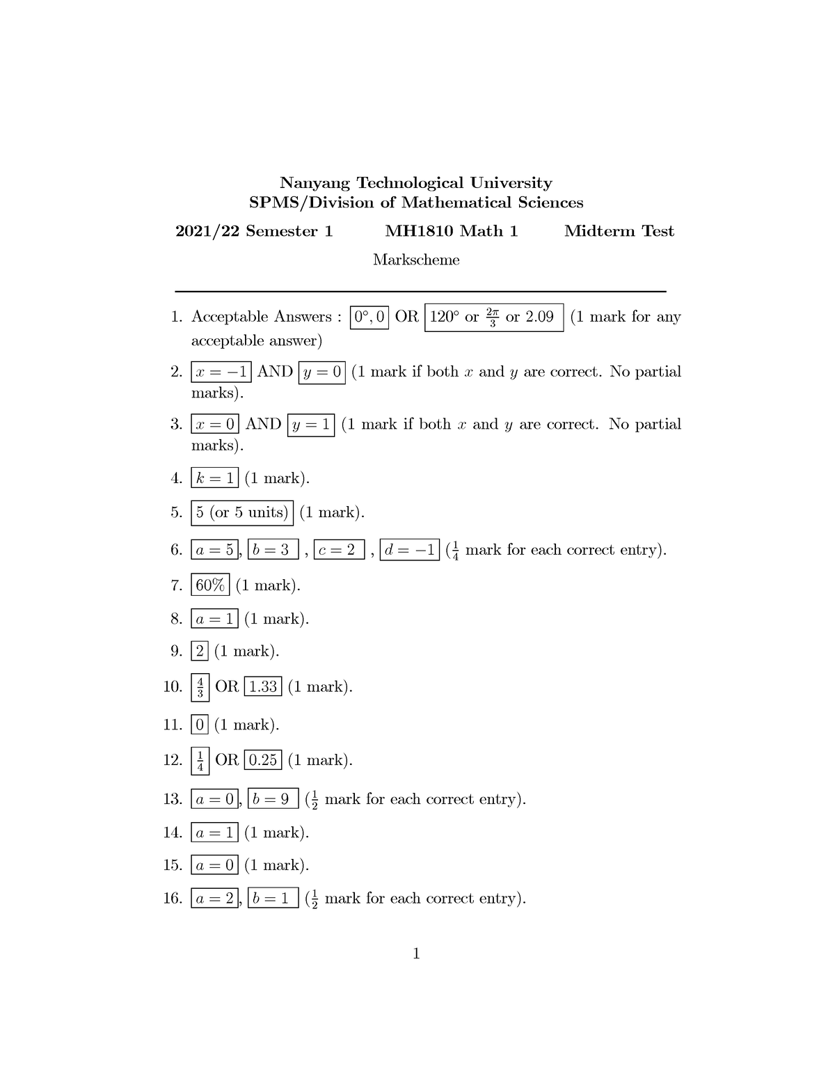 MH1810 Midterm Markscheme - Nanyang Technological University SPMS ...