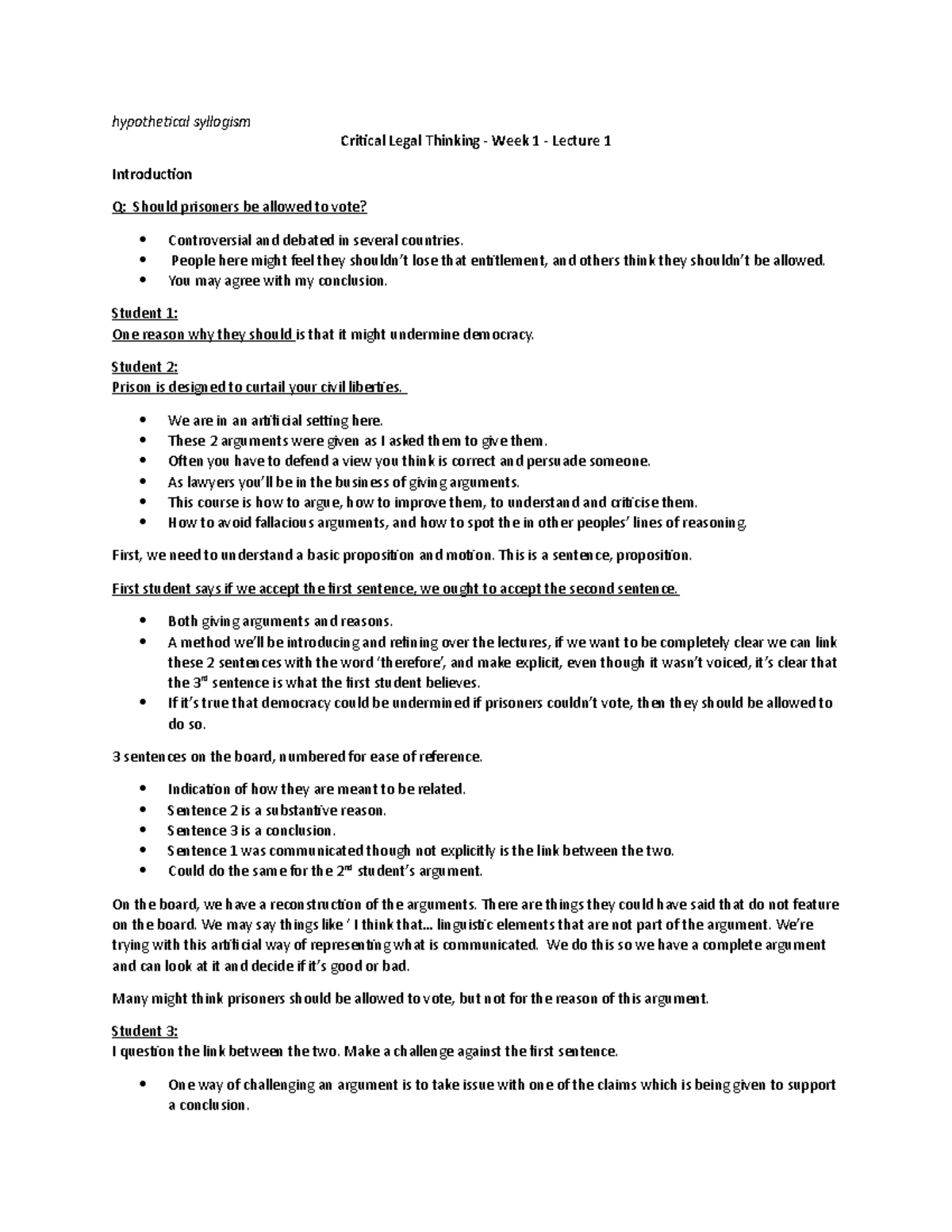 CLT - Whole Course Notes - hypothetical syllogism Critical Legal ...