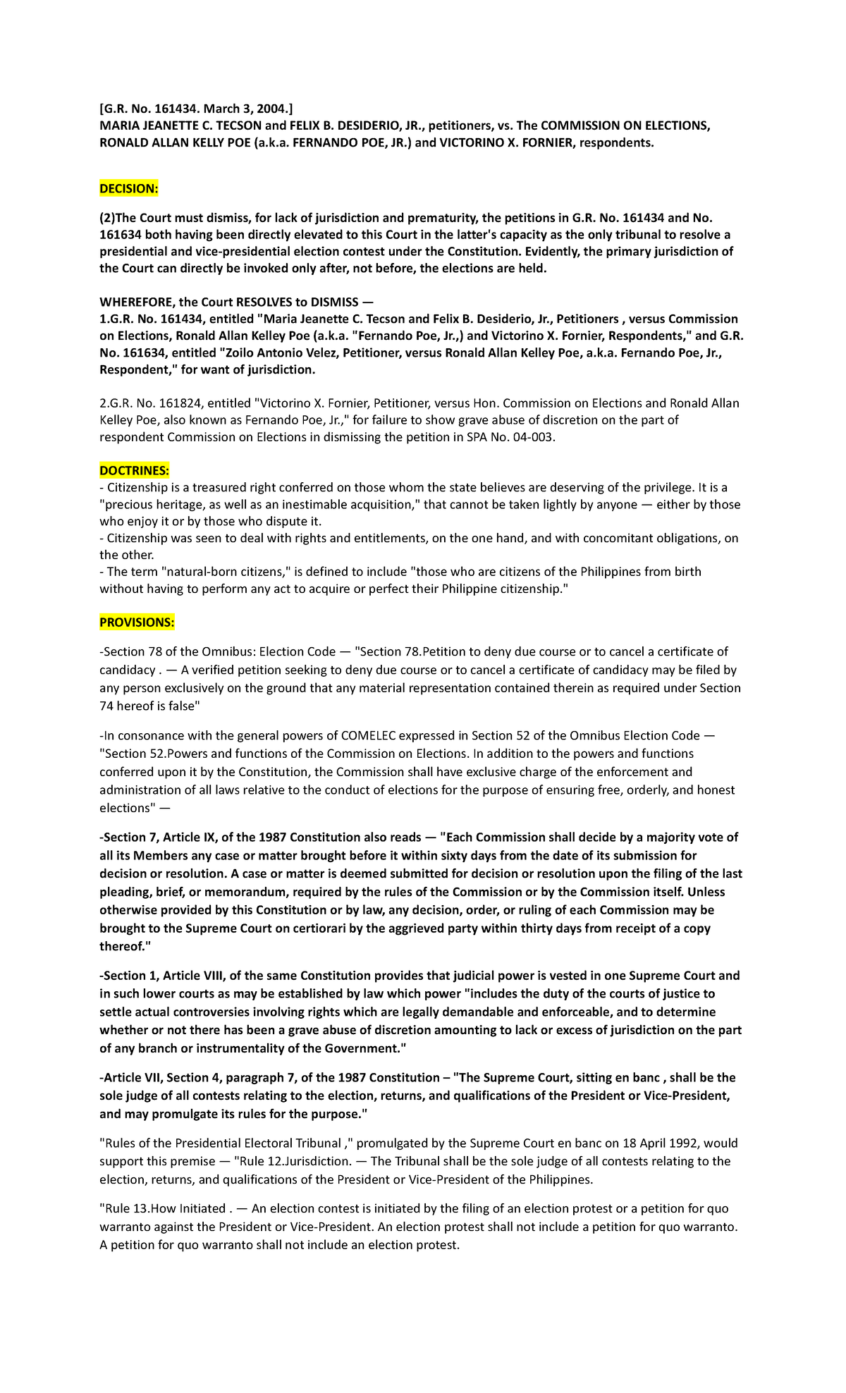 6- Tecson V Comelec - Case - [G. No. 161434. March 3, 2004.] MARIA ...