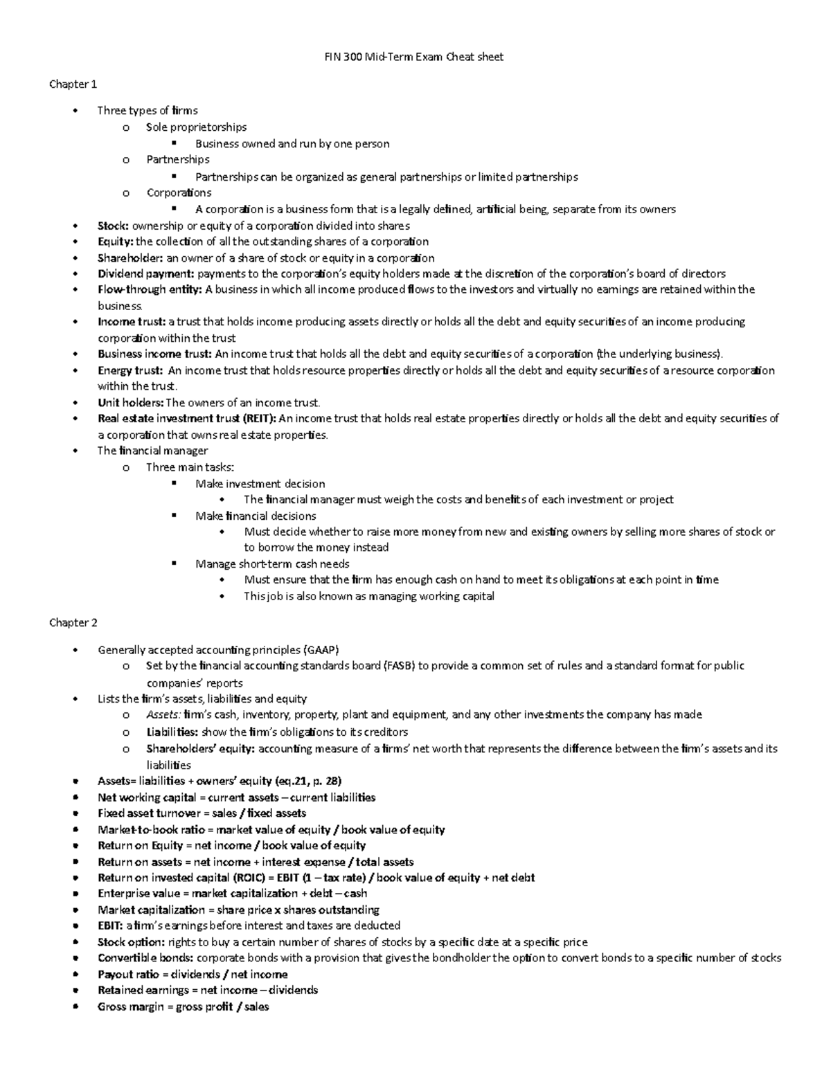 FIN 300 MidTERM Crib Sheet - FIN 300 Mid-Term Exam Cheat Sheet Chapter ...