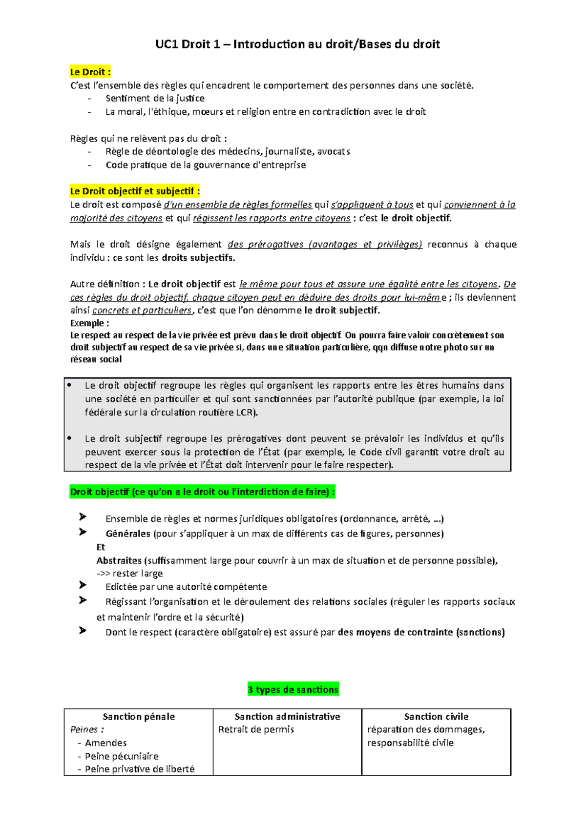 Intro Bases-Droit Notes - UC1 Droit 1 – Introduction au droit/Bases du ...