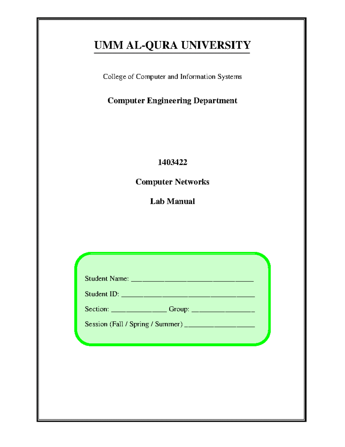 1403422 Computer Networks Lab Manual - UMM AL-QURA UNIVERSITY College of  Computer and Information - StuDocu