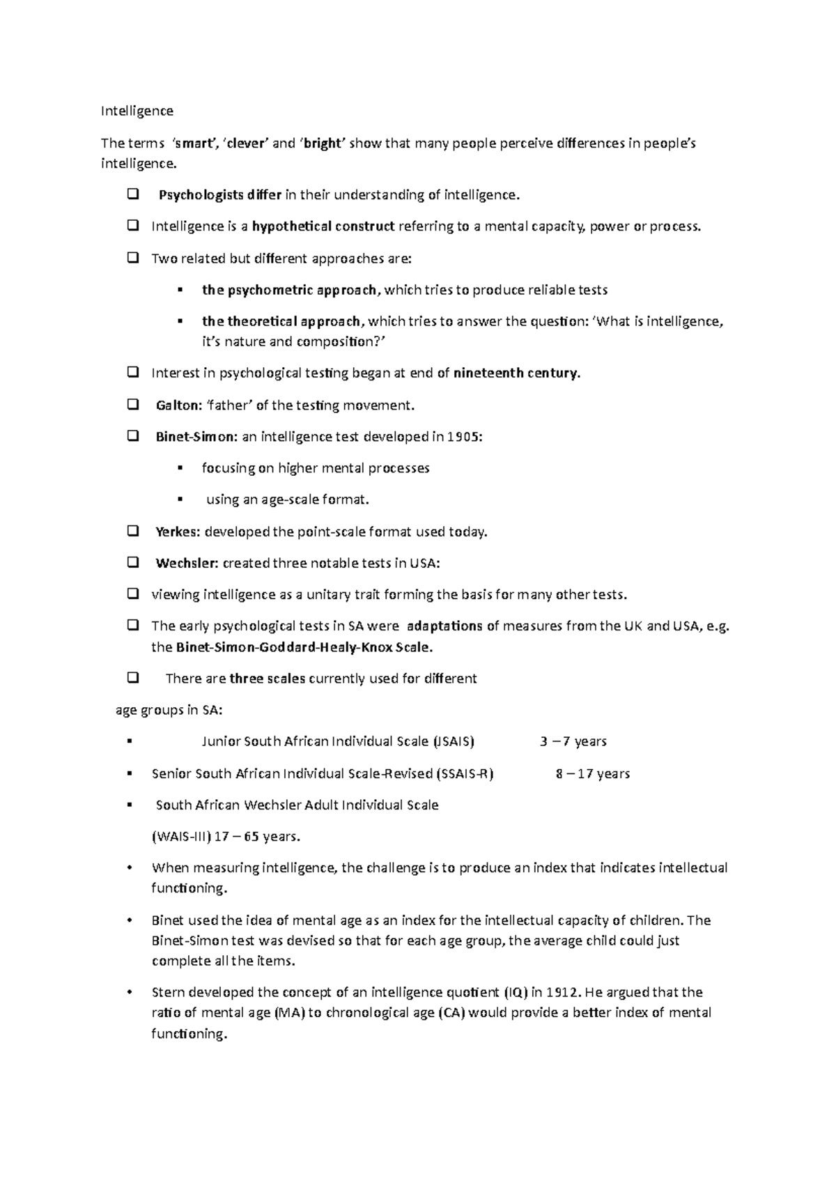 Intelligence - Psychologists differ in their understanding of