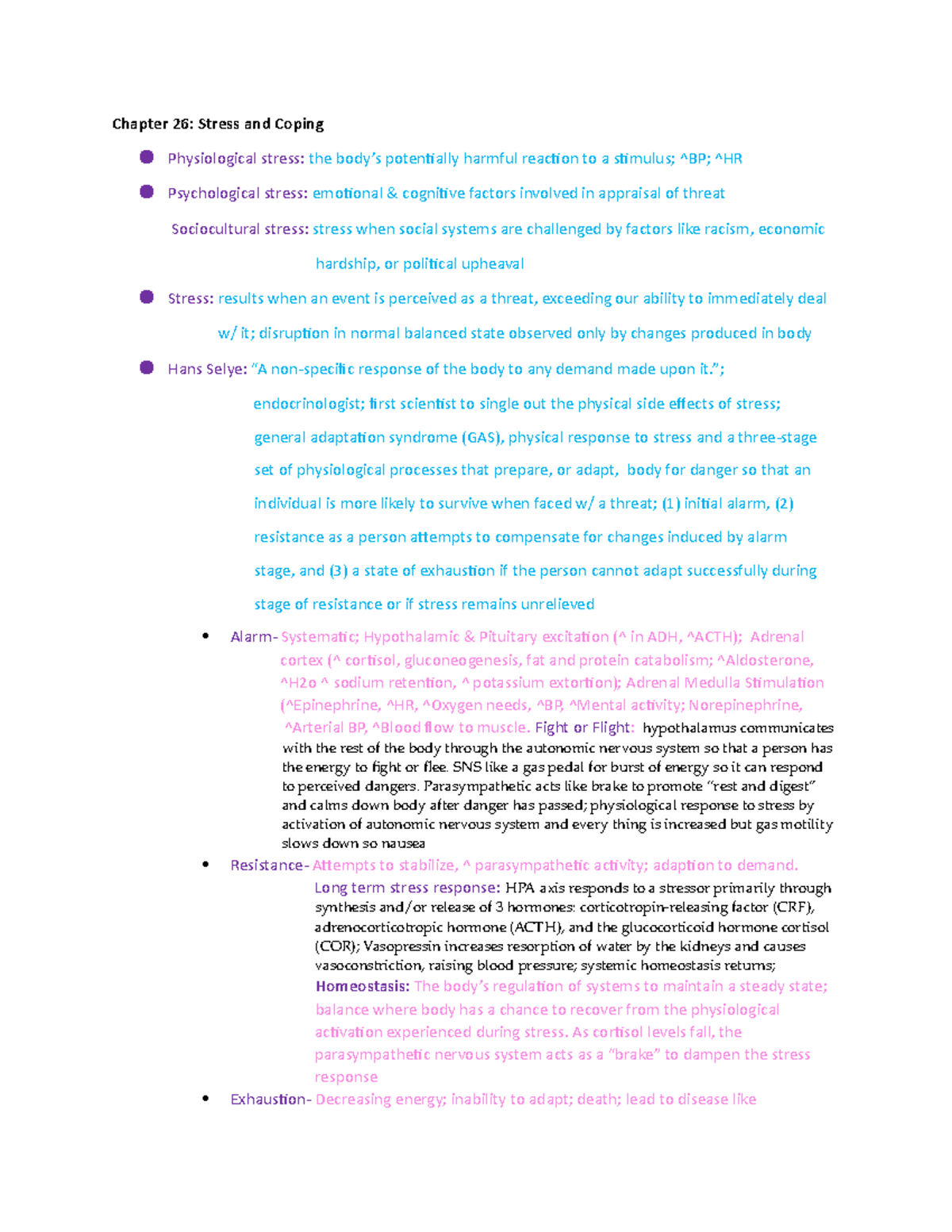 Chapter 26 - lecture notes - Chapter 26: Stress and Coping ...