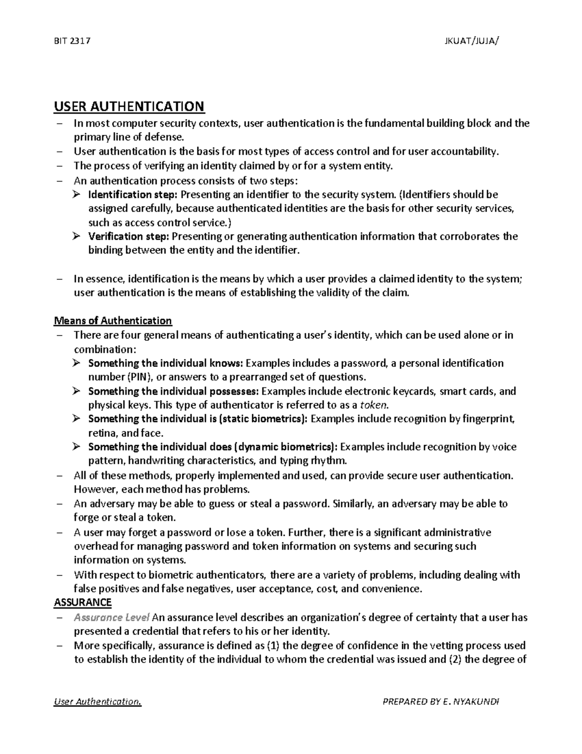 USER Authentication - USER AUTHENTICATION In most computer security ...