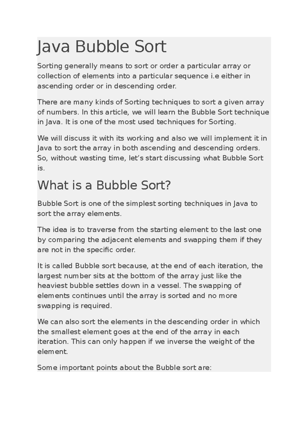 Introduction to Bubble sort - Java Bubble Sort Sorting generally means ...