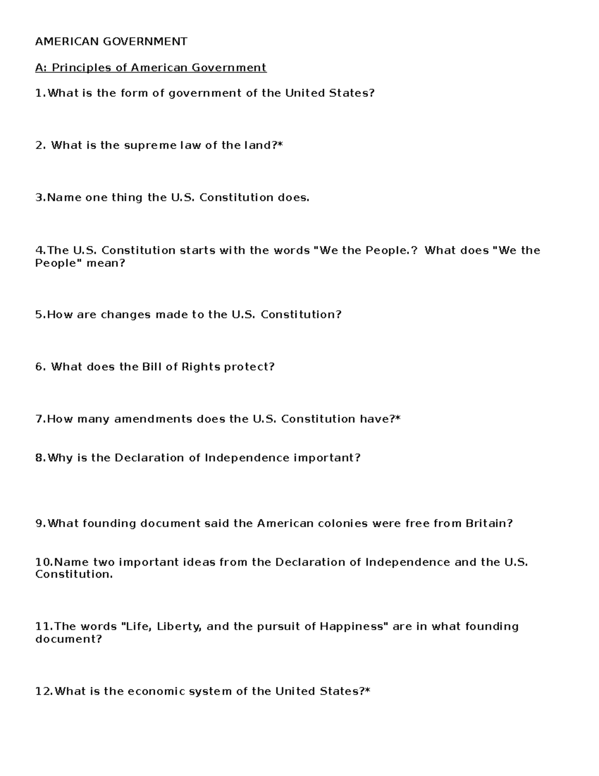 American Government Test - AMERICAN GOVERNMENT A: Principles Of ...