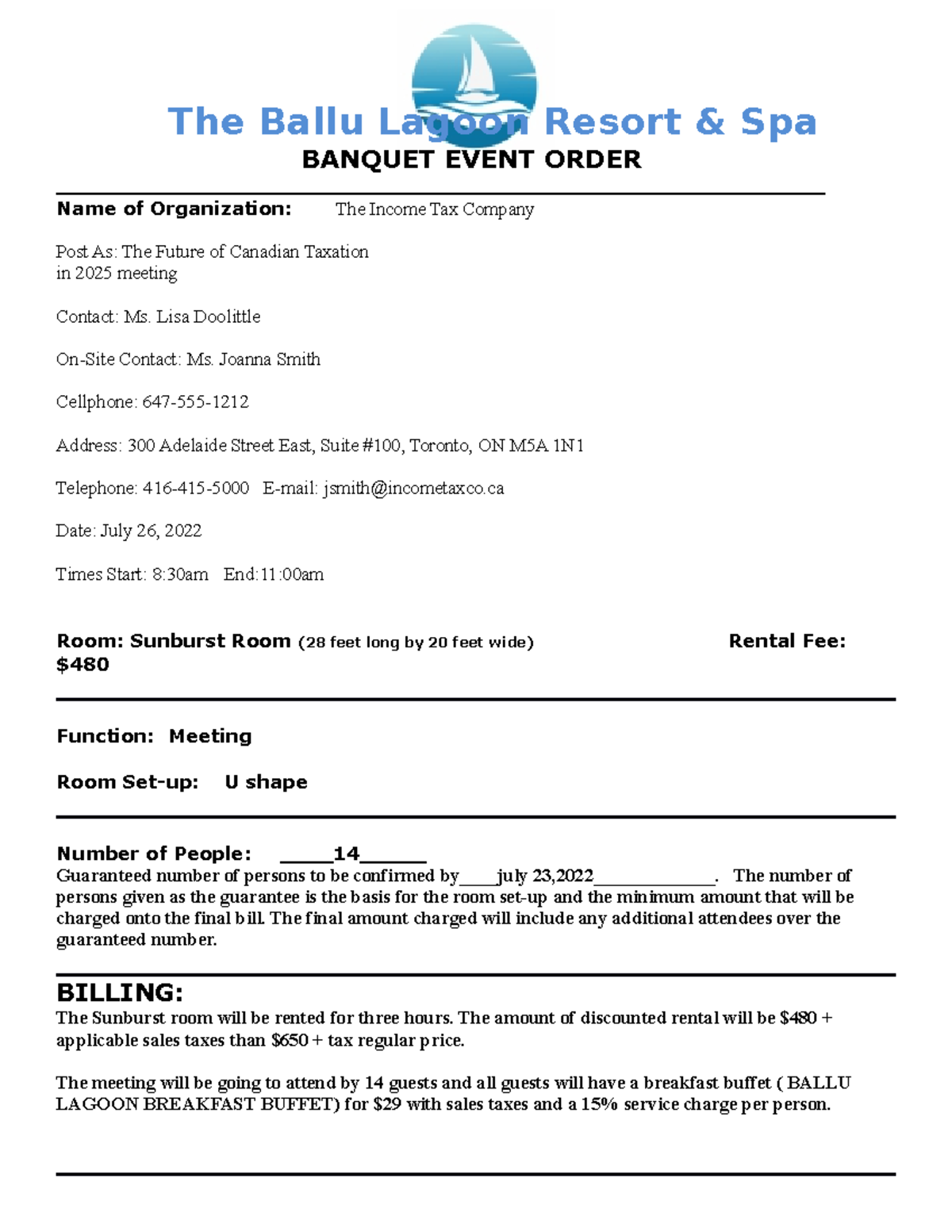BEO Assignment - sjahsjdgsj - The Ballu Lagoon Resort & Spa BANQUET ...