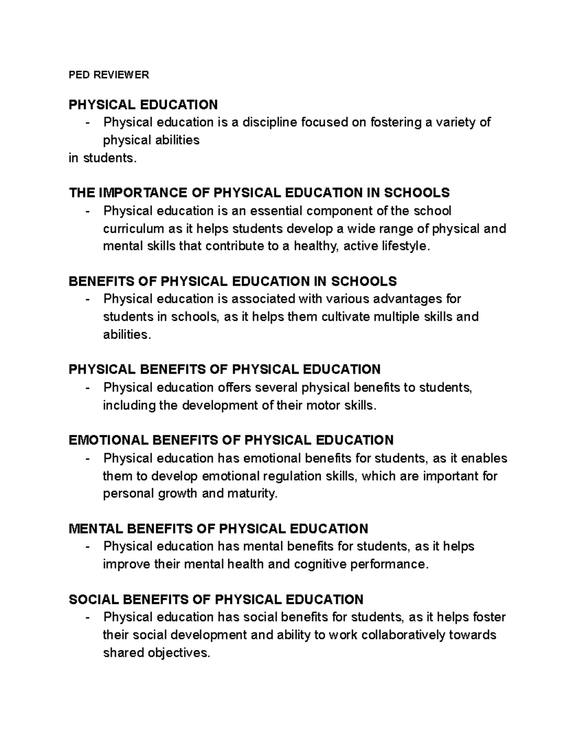 PED- Reviewer - PED REVIEWER PHYSICAL EDUCATION - Physical education is ...