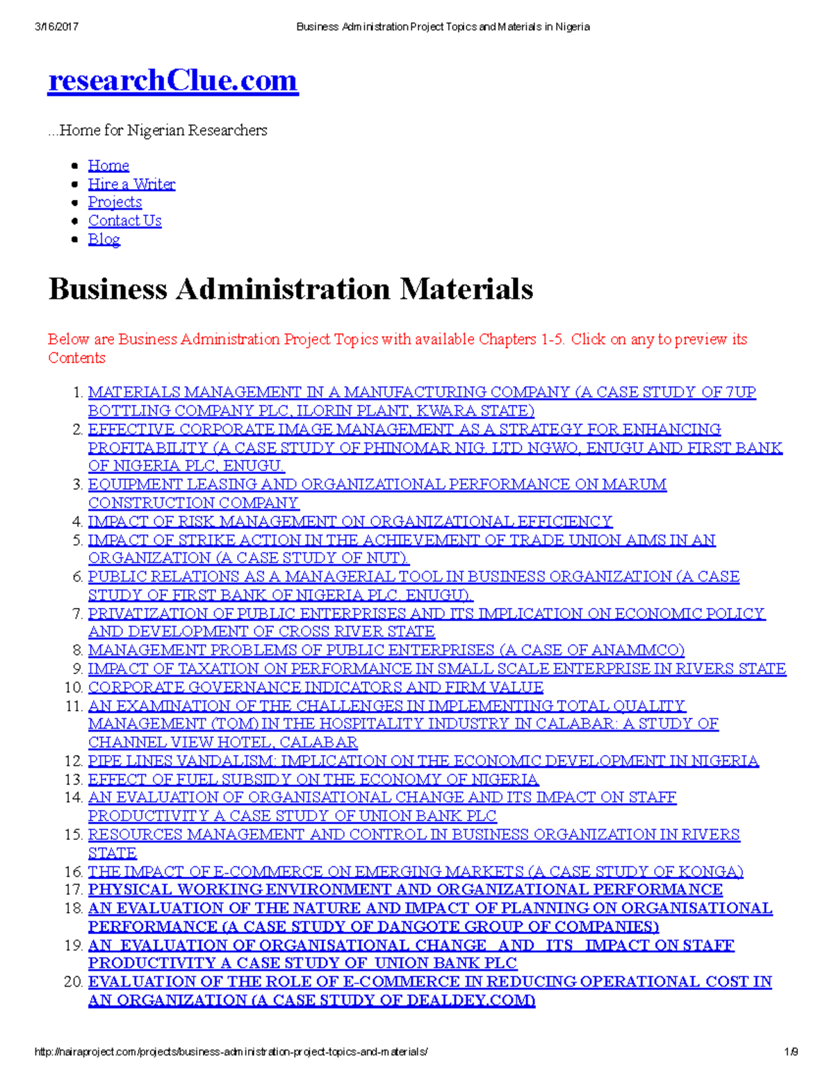 Business Administration Project Topics a - researchClue .. for Nigerian ...