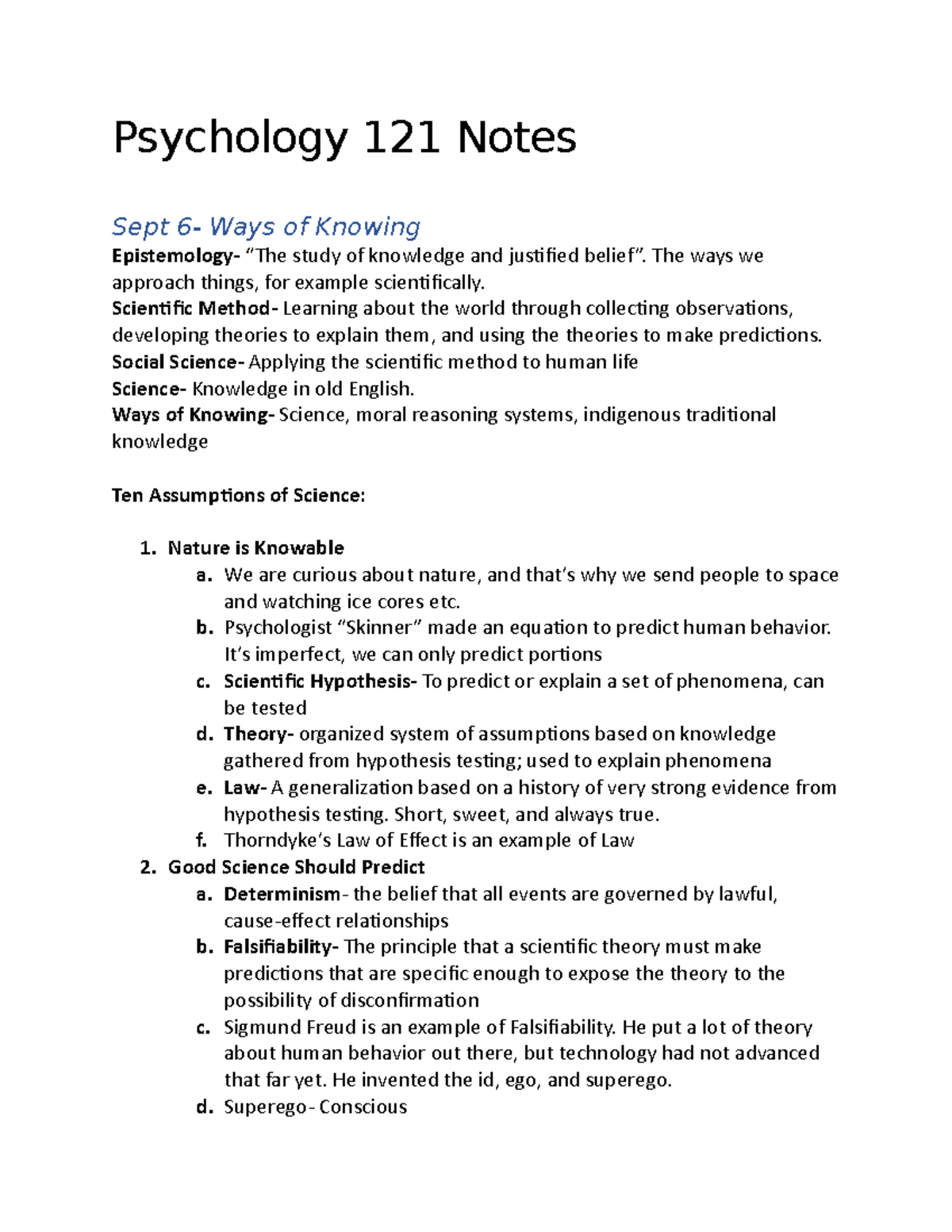 Psychology Test 1 - Lecture Notes. - Psychology 121 Notes Sept 6- Ways ...