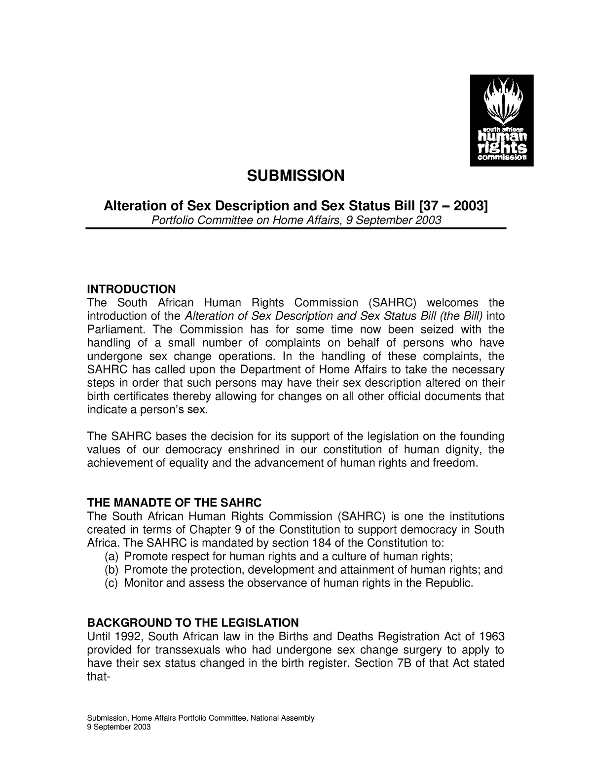 10 Sahrc Submission On Alteration Of Sex Description And Sex Status Bill Parlsept 2003 2119