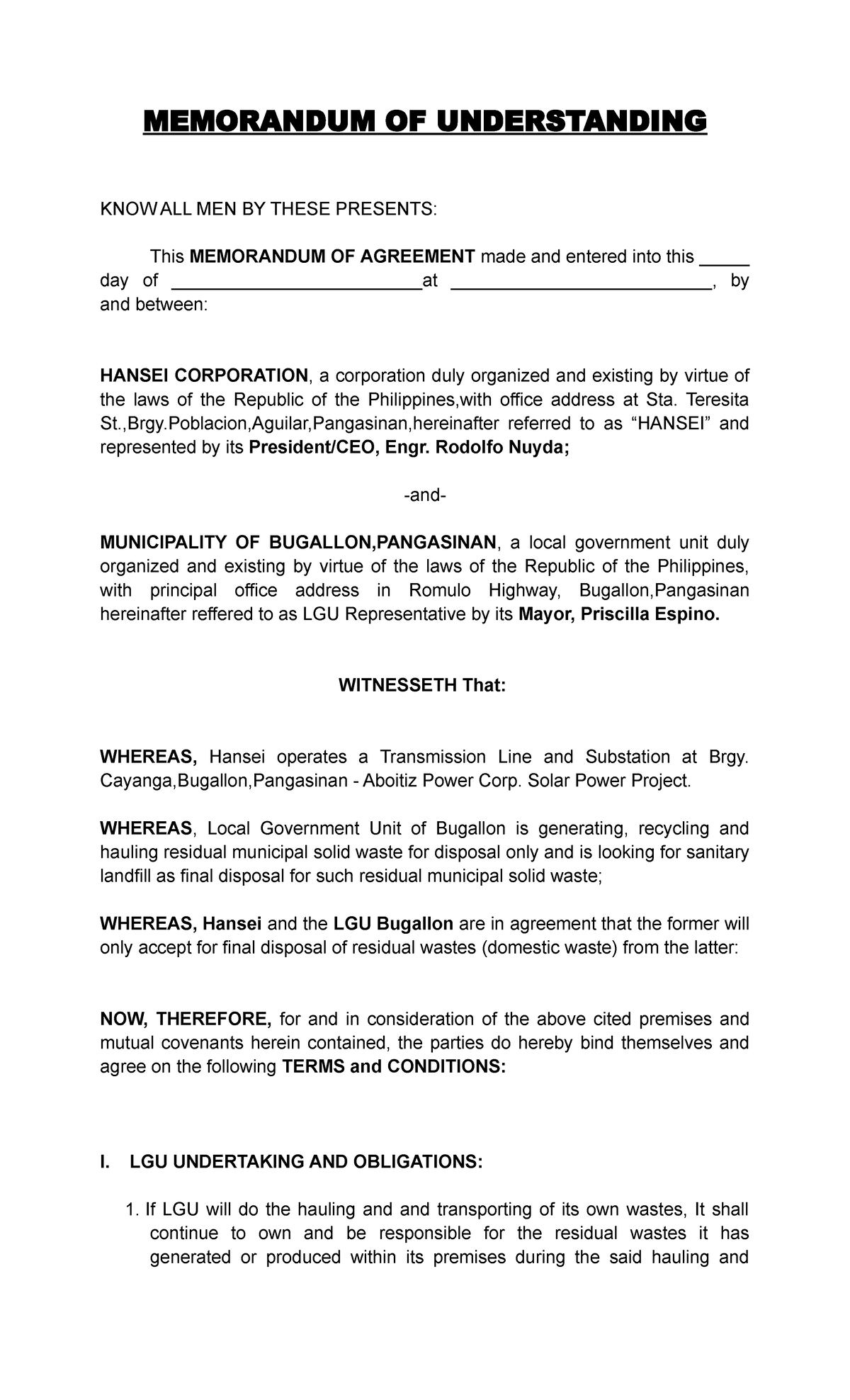 MOA Bugallon - Nnfkj fkjene - MEMORANDUM OF UNDERSTANDING KNOW ALL MEN ...