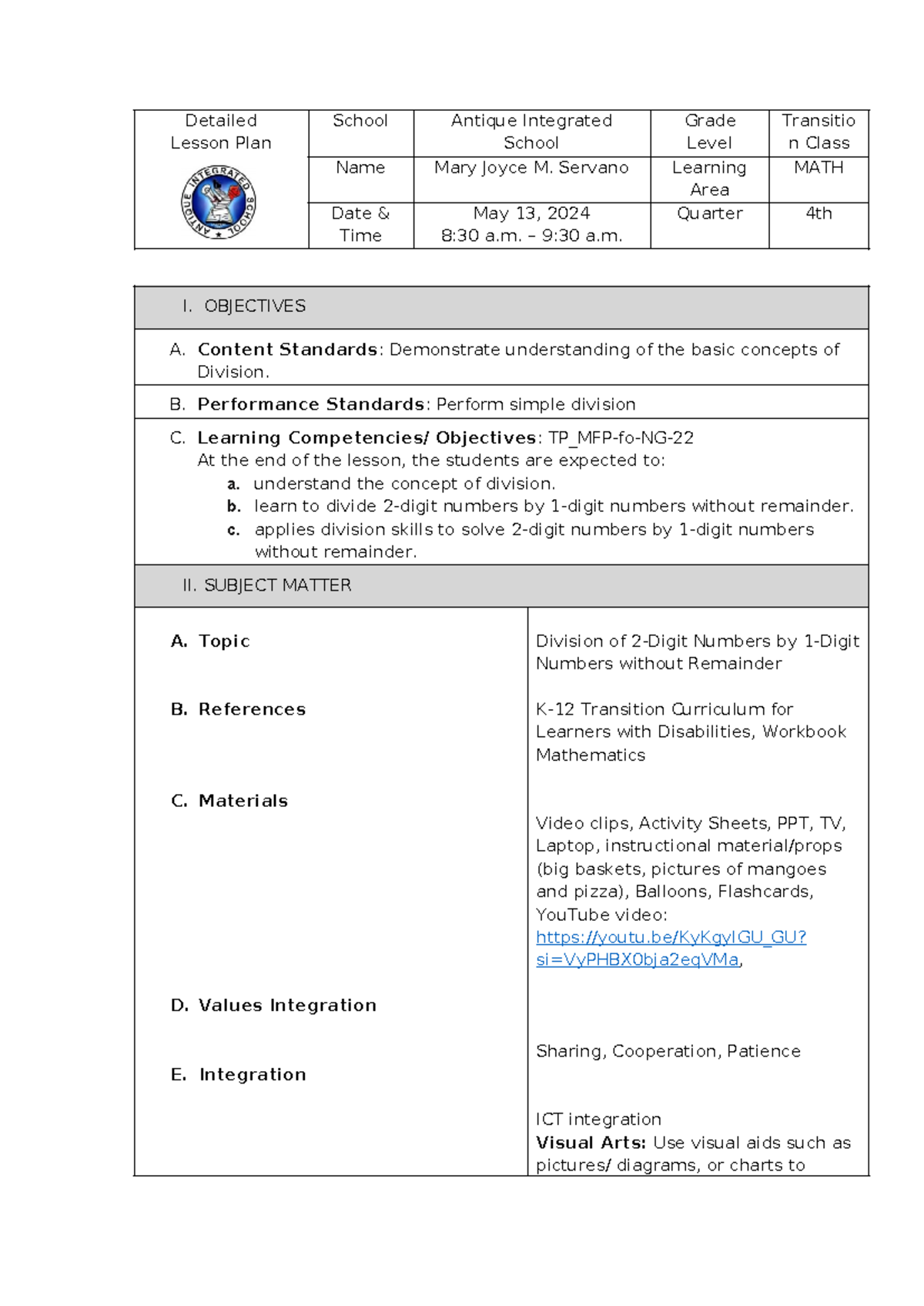 Final DEMO - Detailed Lesson Plan School Antique Integrated School ...