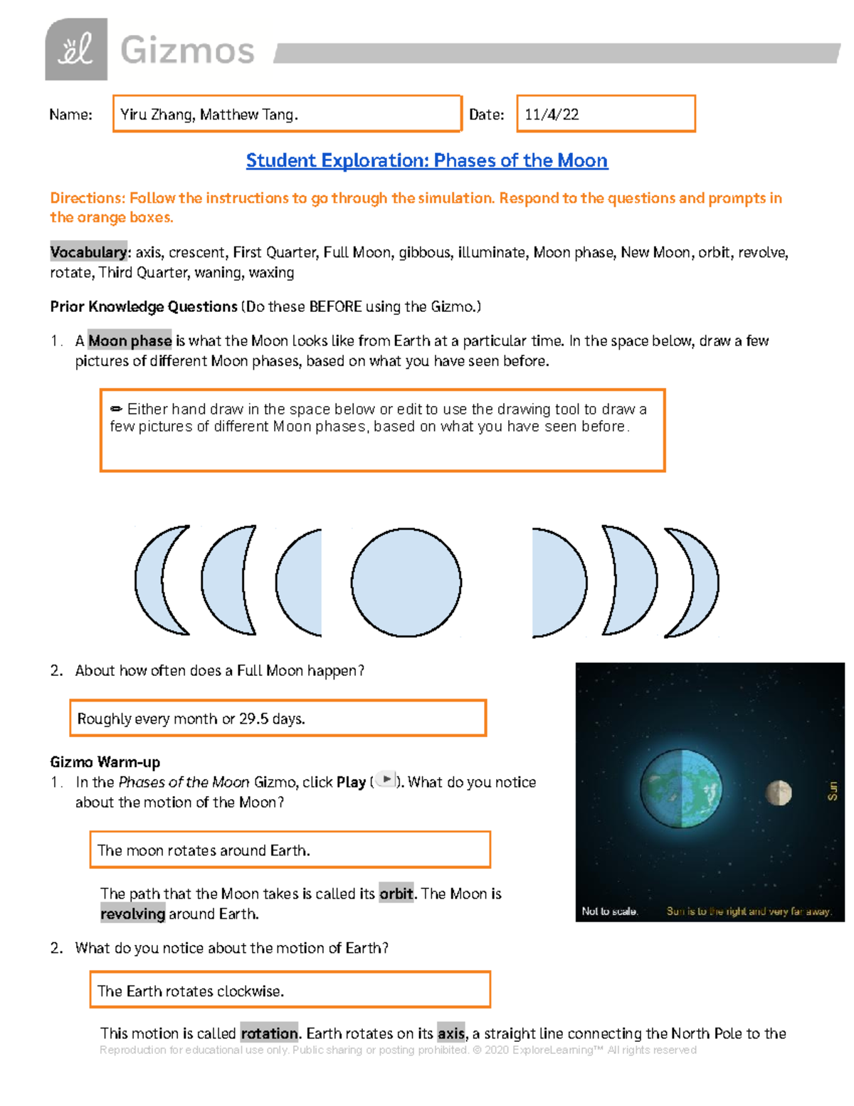 Phases of The Moon GIzmo - Name: Yiru Zhang, Matthew Tang. Date: 11/4 ...