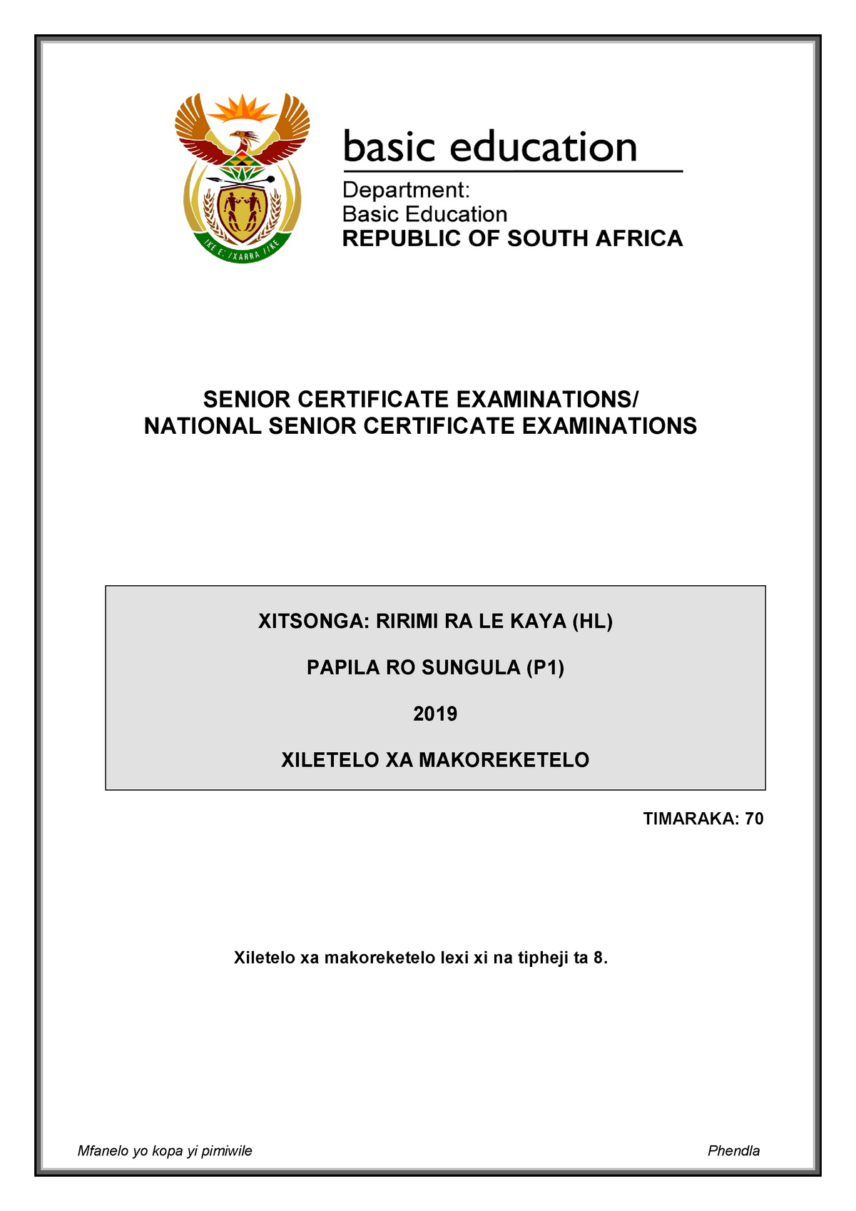 Xitsonga HL P1 May-June 2019 Memo - SENIOR CERTIFICATE EXAMINATIONS ...