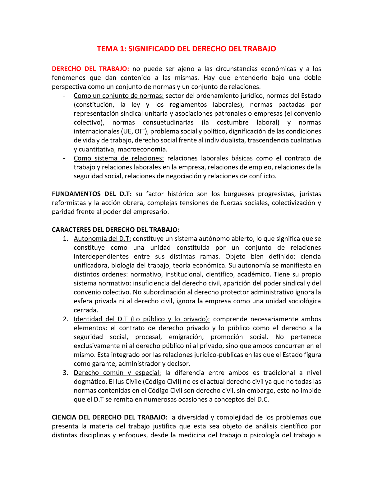 Derecho del trabajo TEMA 1 SIGNIFICADO DEL DERECHO DEL TRABAJO