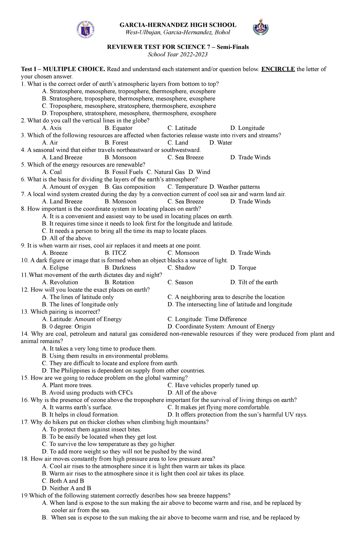 Q4 Science 7 Reviewer Test - GARCIA-HERNANDEZ HIGH SCHOOL West-Ulbujan ...