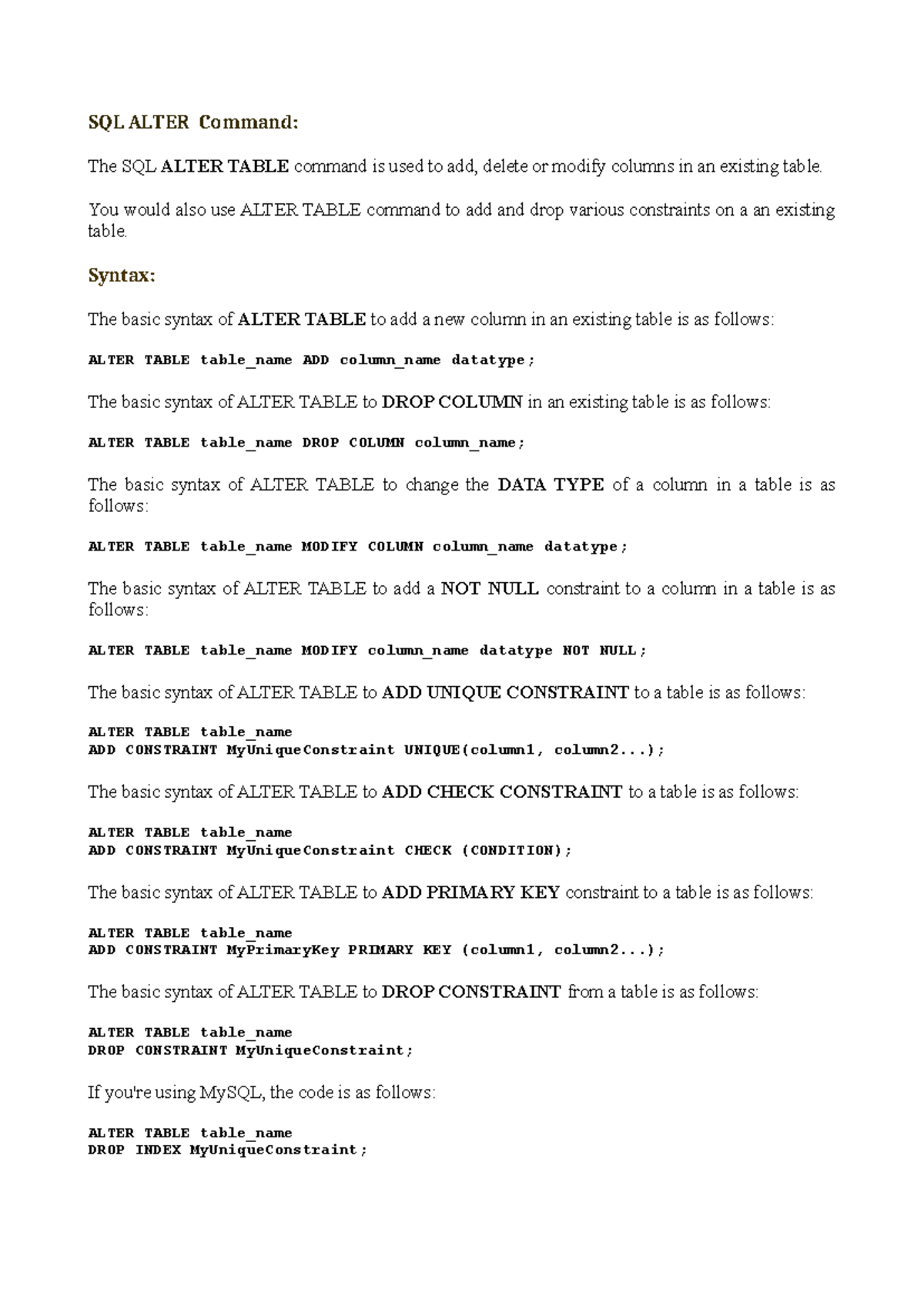 Practical notes - SQL ALTER Command: The SQL ALTER TABLE command is ...