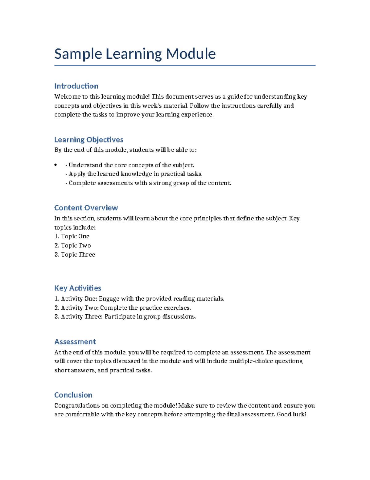 Sample Learning Module - Sample Learning Module Introduction Welcome to ...