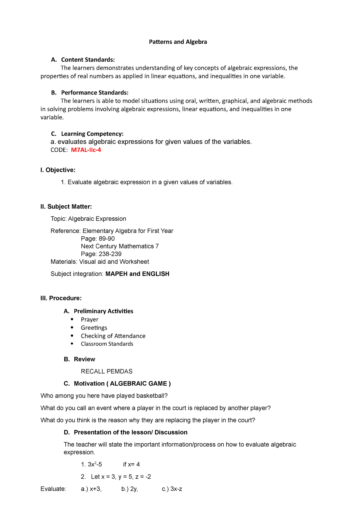 Lesson plan 2 - Patterns and Algebra A. Content Standards: The learners ...