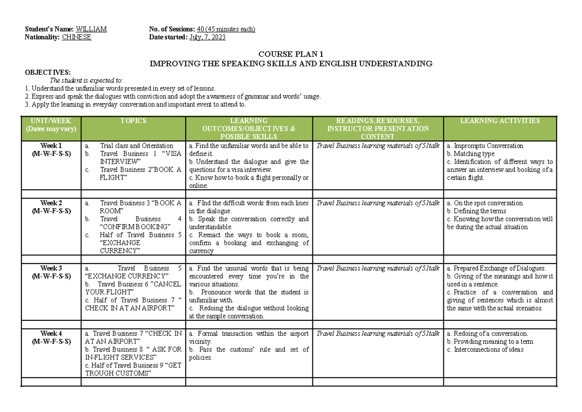 Course PLAN 1 - Student’s Name: WILLIAM No. of Sessions: 40 (45 minutes ...