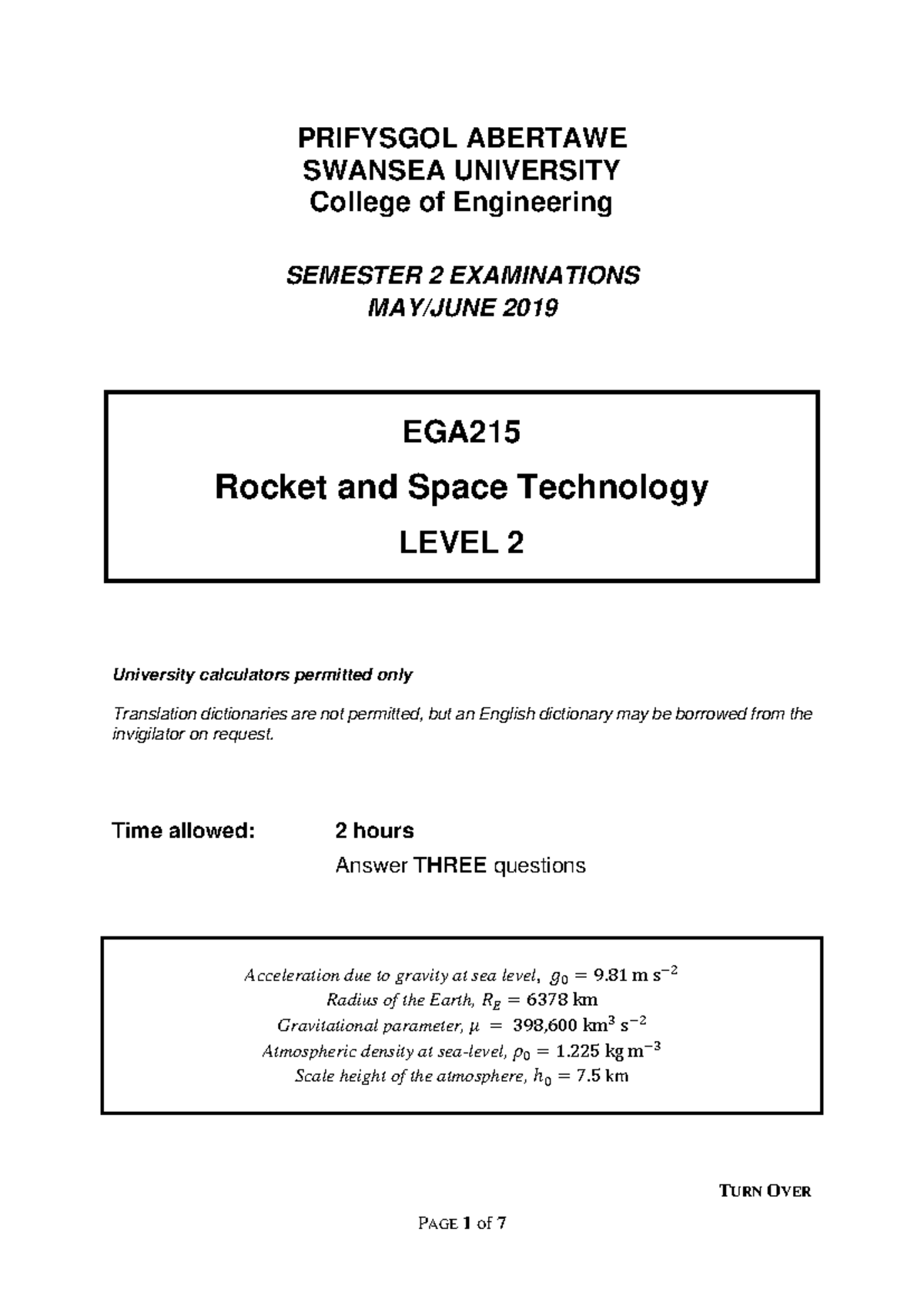 Exam Paper EGA215 2018-2019 - PRIFYSGOL ABERTAWE SWANSEA UNIVERSITY ...