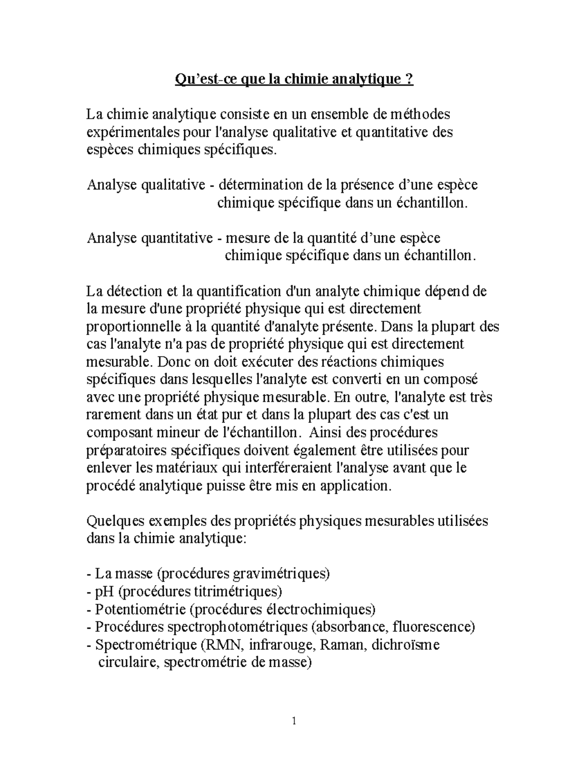Cours 1 - lecture notes - Qu’est-ce que la chimie analytique? La chimie ...