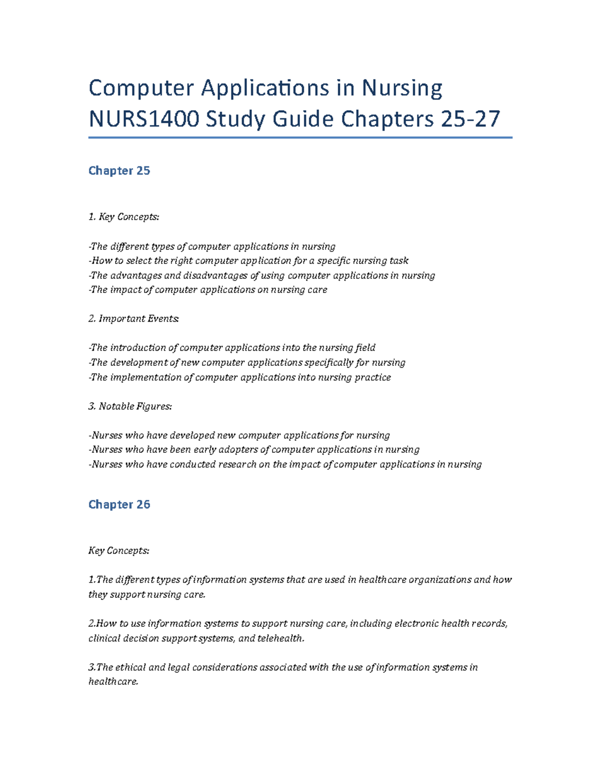 Computer Applications in Nursing NURS1400 Study Guide Chapters 25-27 ...