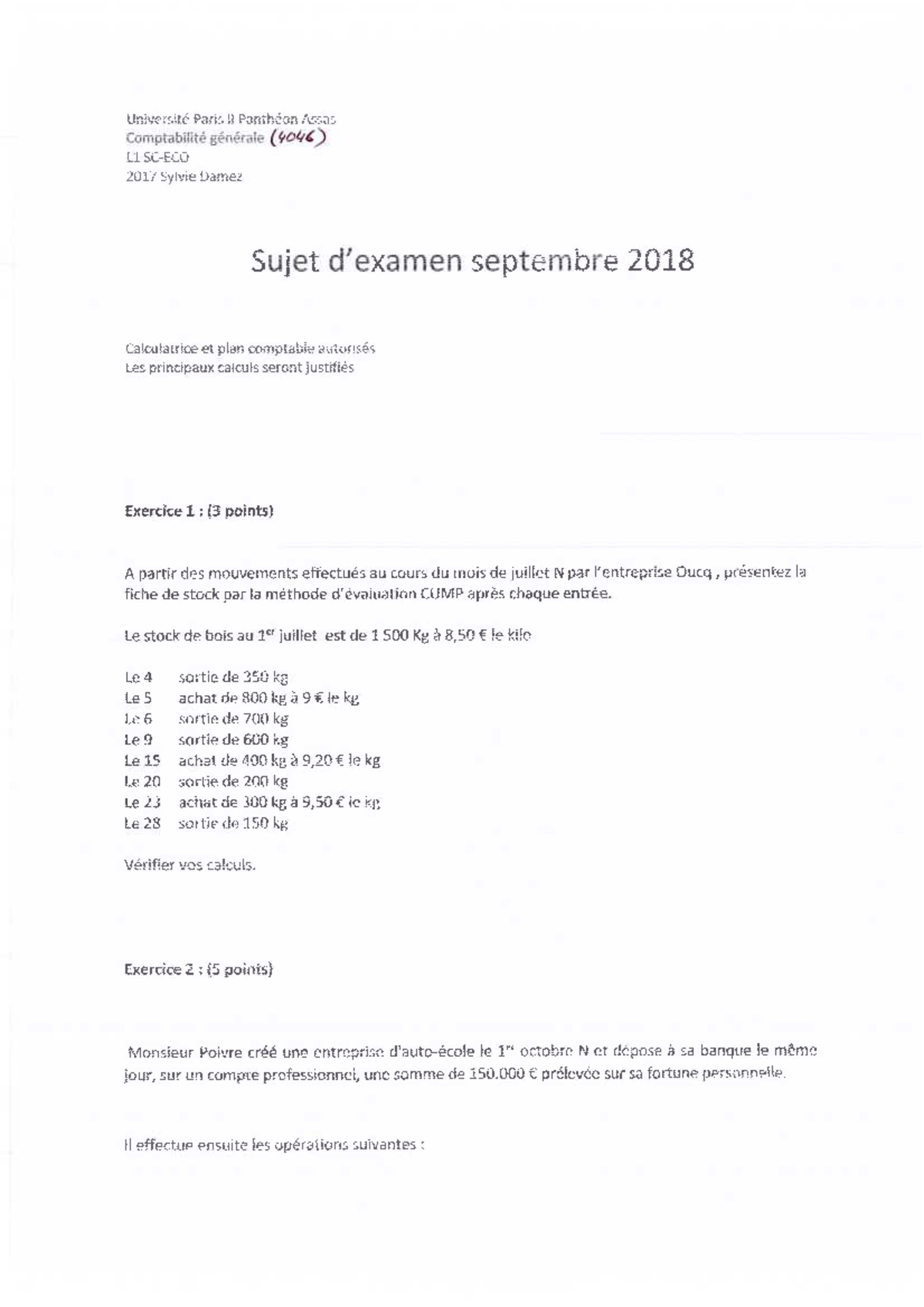 Sujet Compta Sep 2018 - C.g, L1S1 Comptabilité Géénral - Studocu