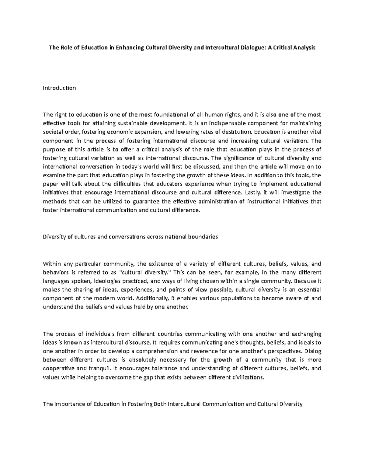 The Role of Education in Enhancing Cultural Diversity and Intercultural ...
