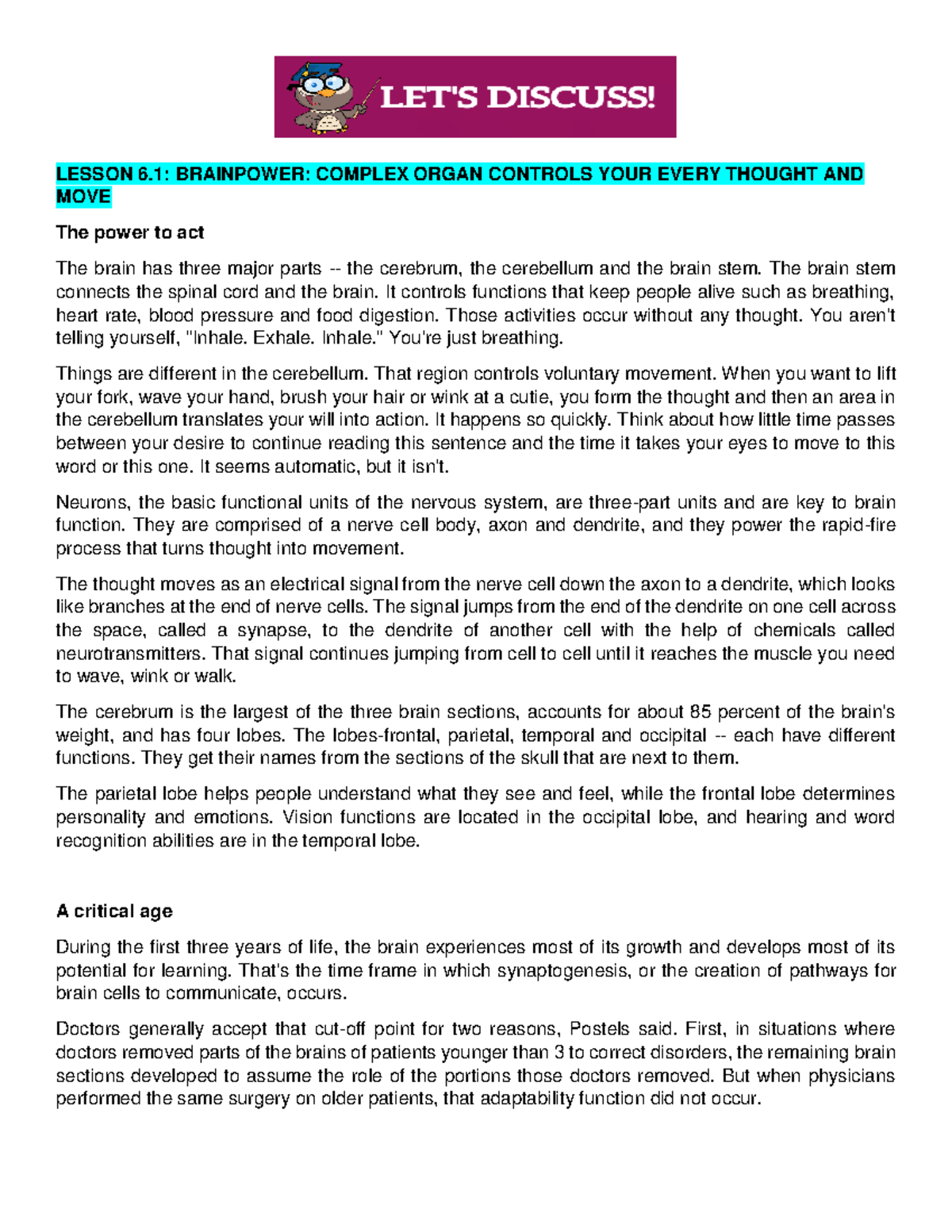 Lesson+7+and+8 perdev - LESSON 6: BRAINPOWER: COMPLEX ORGAN CONTROLS ...