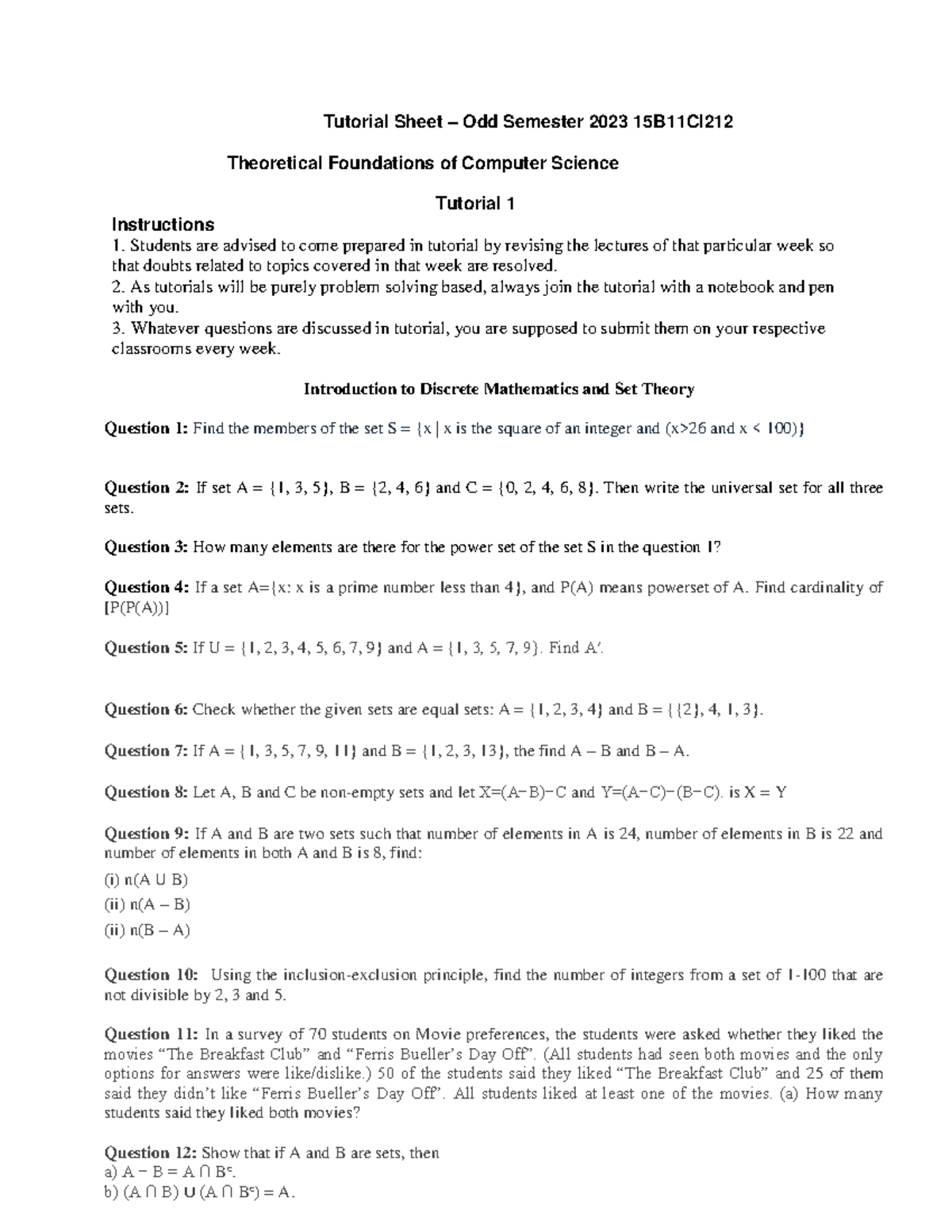 Tutorial 1 - Tutorial Sheet – Odd Semester 2023 15B11CI Theoretical ...