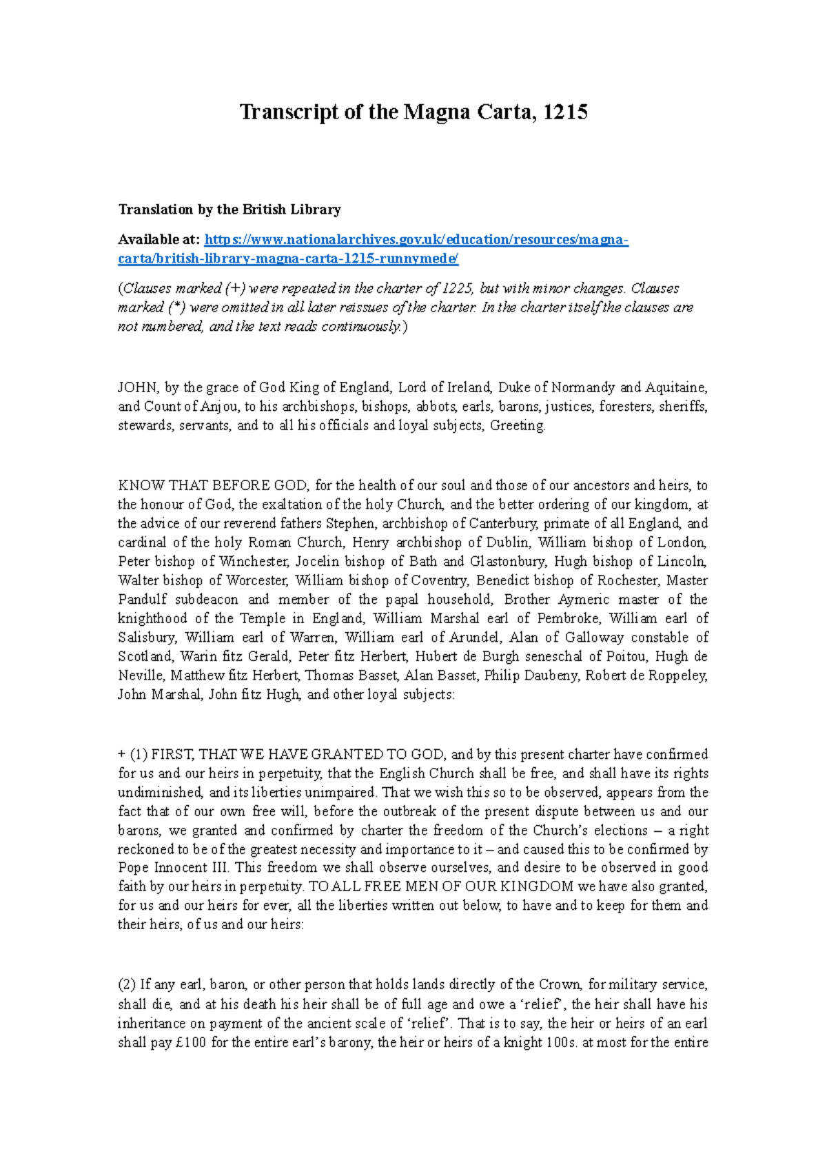 Texto de Apoio 3 - Transcript of the Magna Carta, 1215 Translation by ...