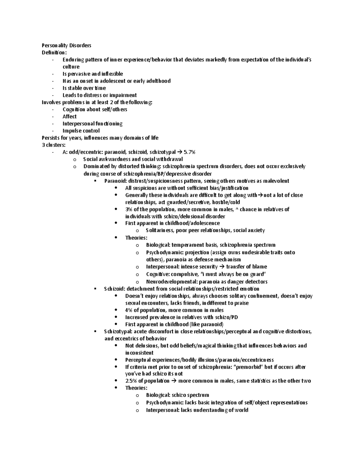 Personality Disorders lec/reading notes - Personality Disorders ...