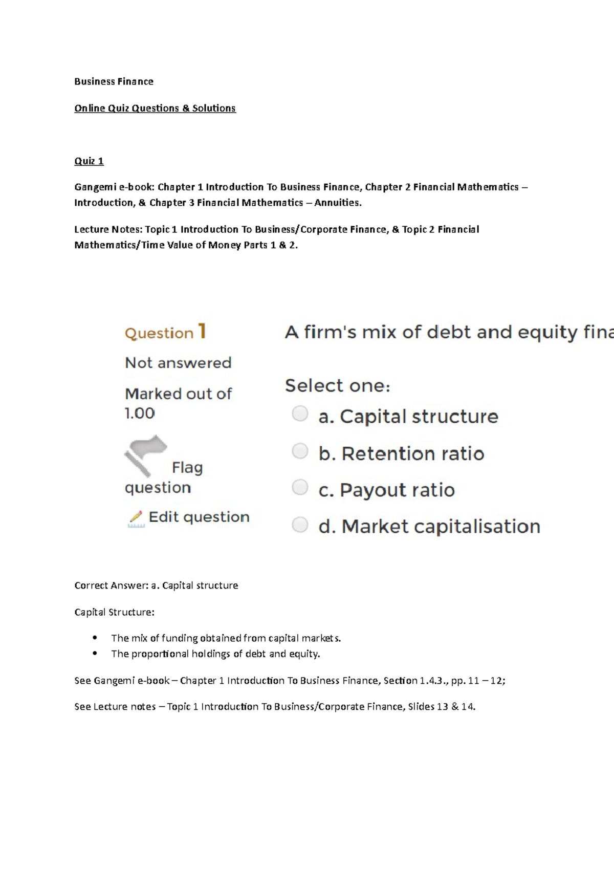 Quiz 1 Questions & Solutions - Business Finance Online Quiz Questions ...