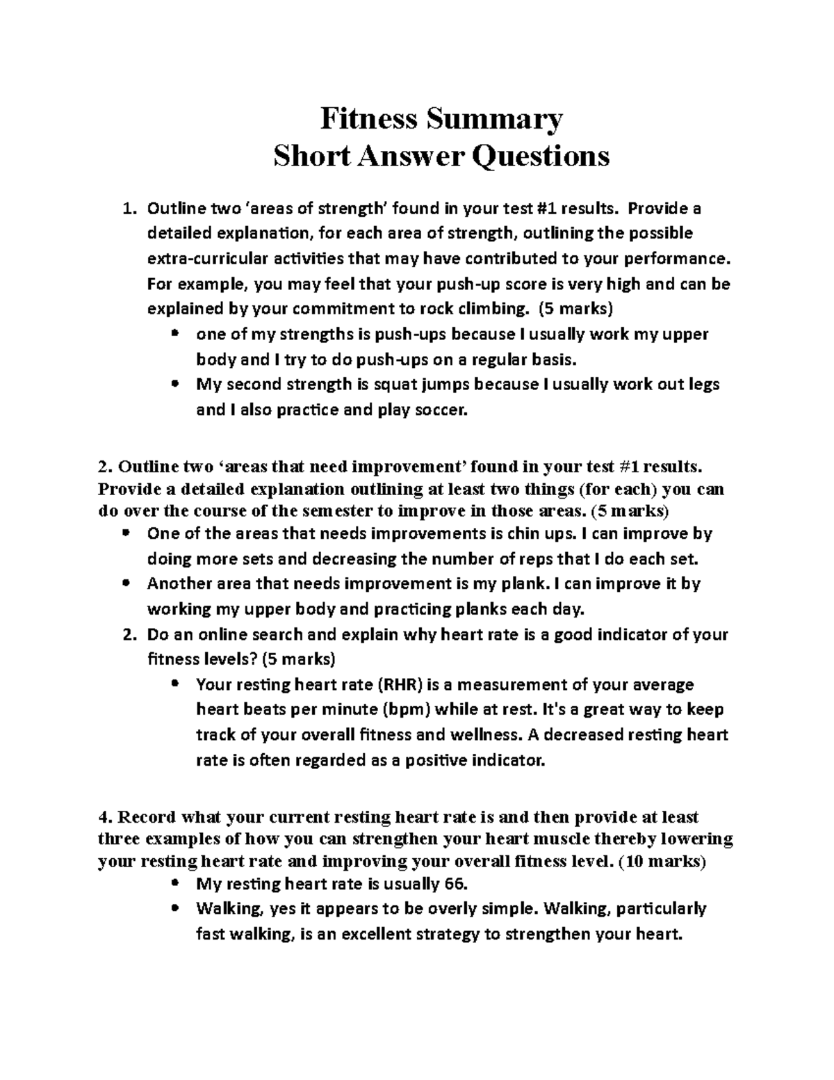 2021 - Fitness Assessment Questions - Fitness Summary Short Answer ...