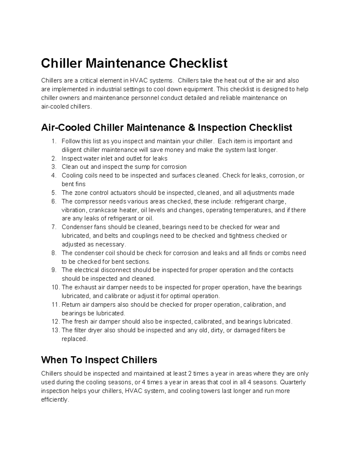 Chiller-Maintenance-Checklist - Chiller Maintenance Checklist Chillers ...