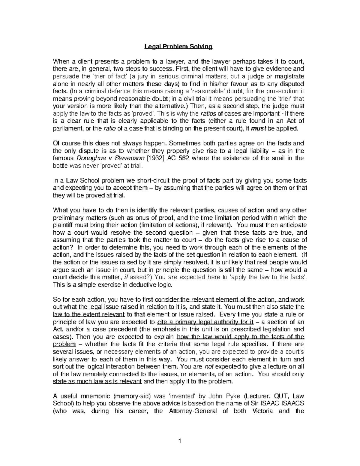 1 Isaac Isaacs 2016 - 1 Legal Problem Solving When a client presents a ...