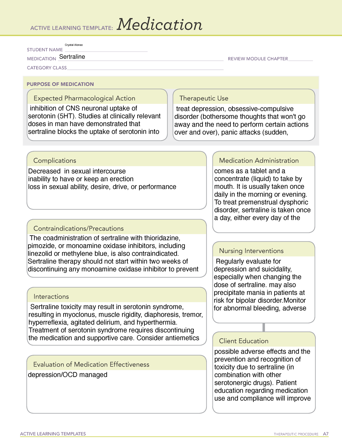 Sertraline Medication template ACTIVE LEARNING TEMPLATES