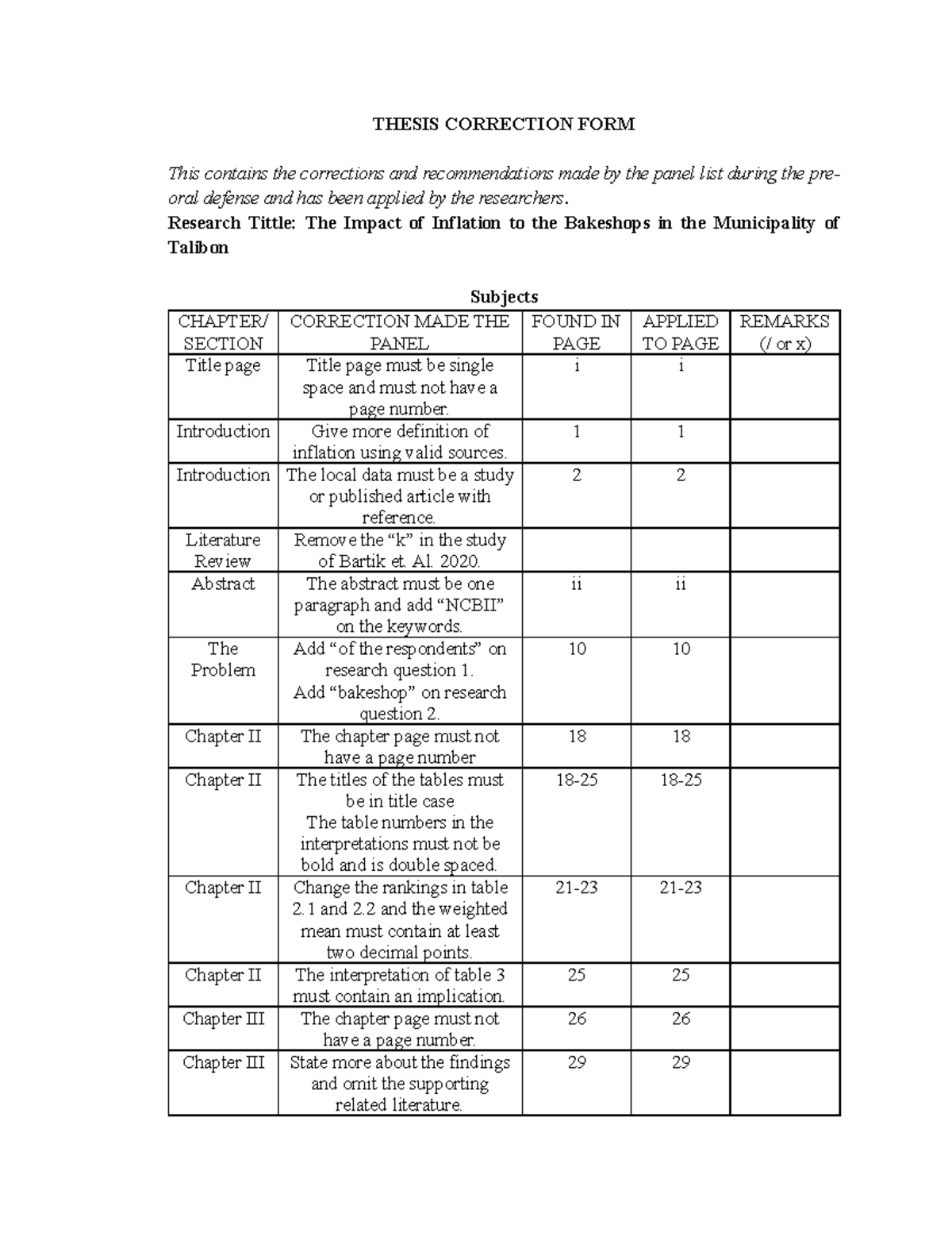 thesis correction form