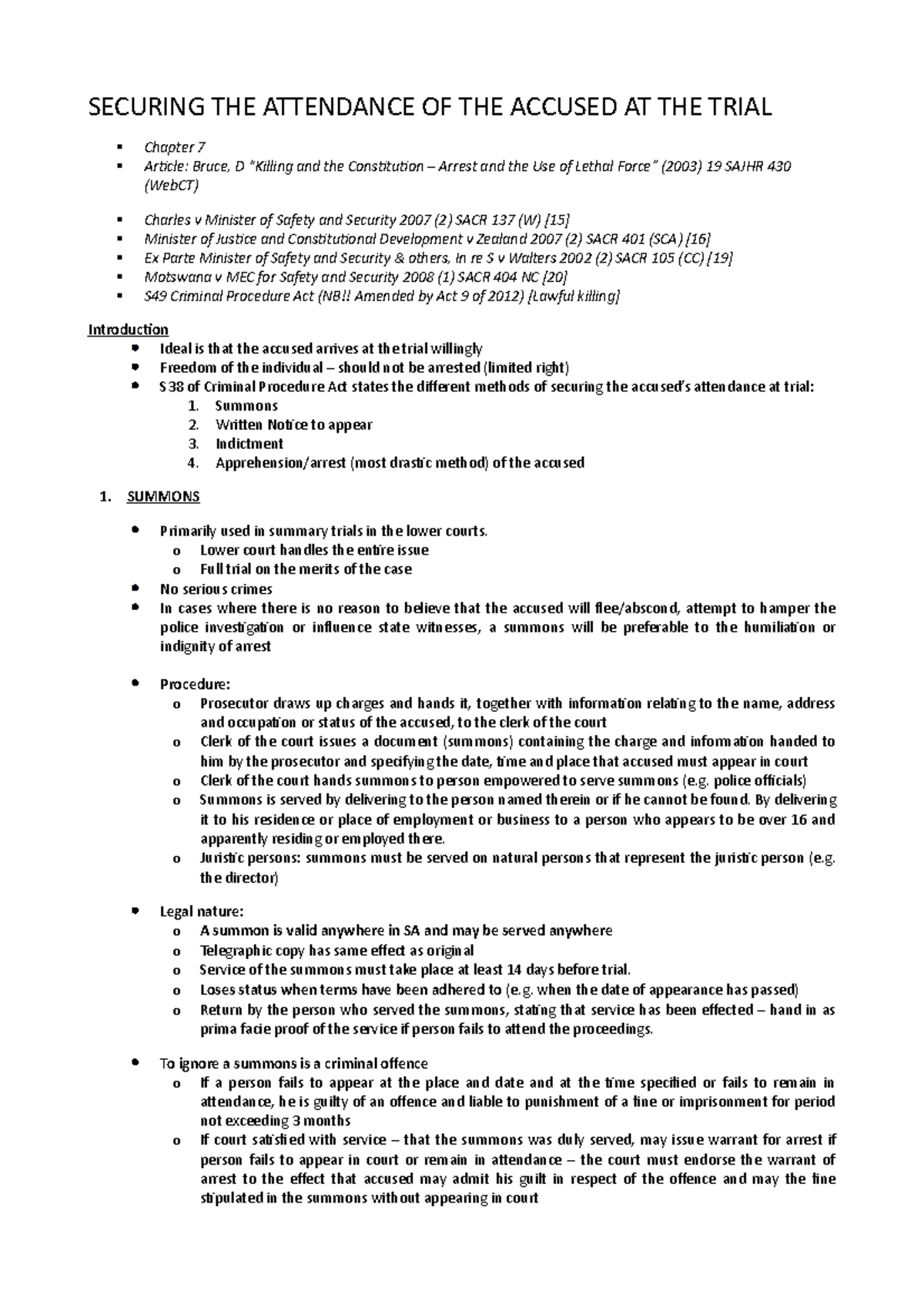 SECURING THE ATTENDANCE OF THE ACCUSED AT THE TRIAL - Summons 2 ...